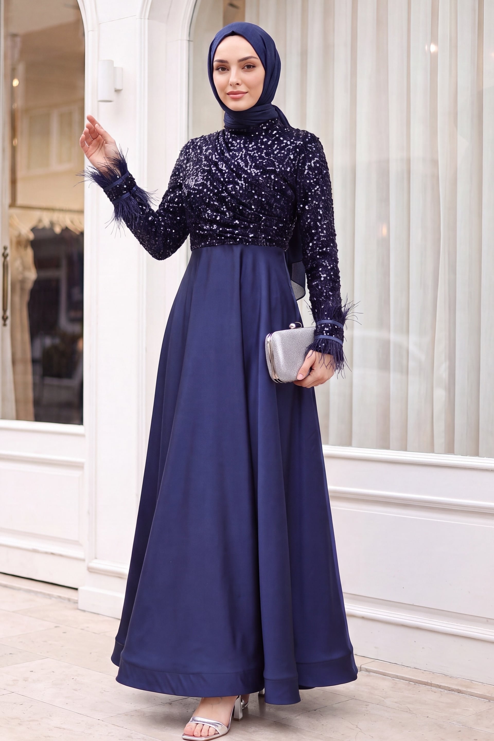 Sequin Bodice Feathered Sleeve Satin Evening Dress - Dark Navy - Podyumplus - by Peralane - photo 2