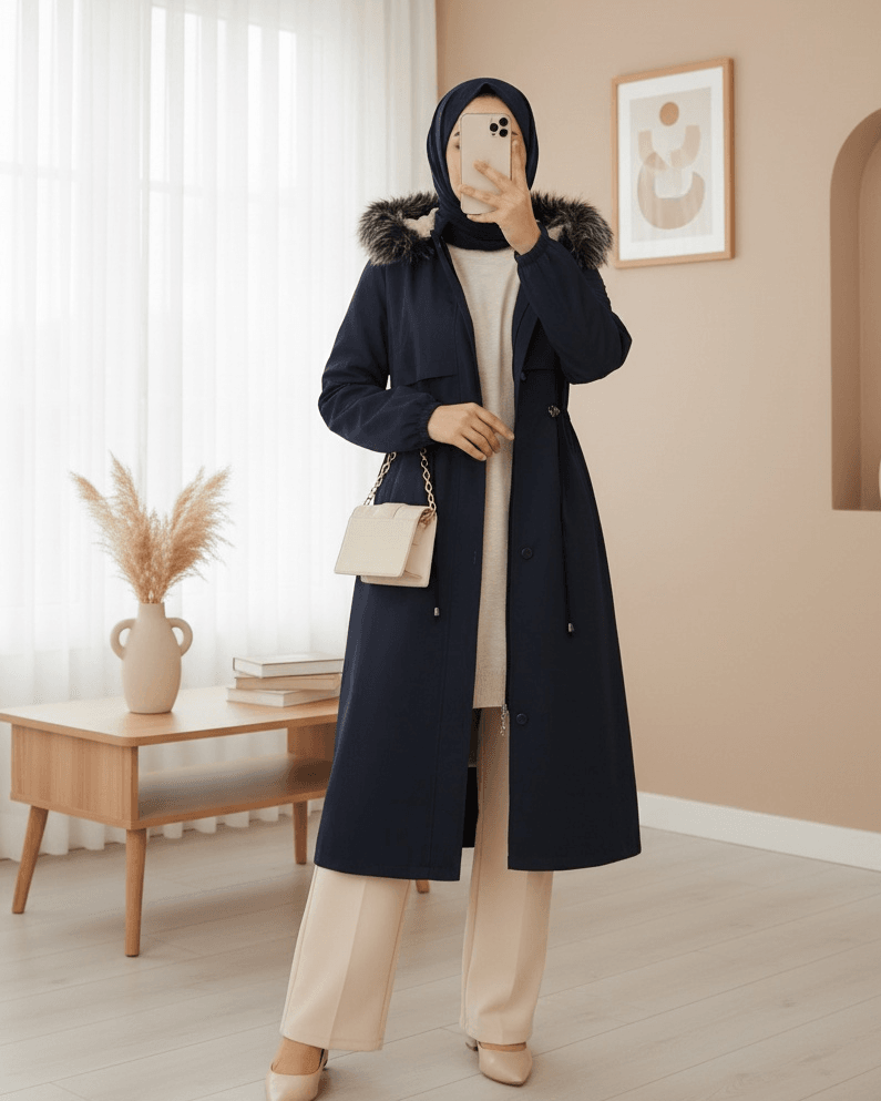 Navy Blue Detachable Hood Faux Fur Trim Longline Coat - Podyumplus - by Peralane - photo 2
