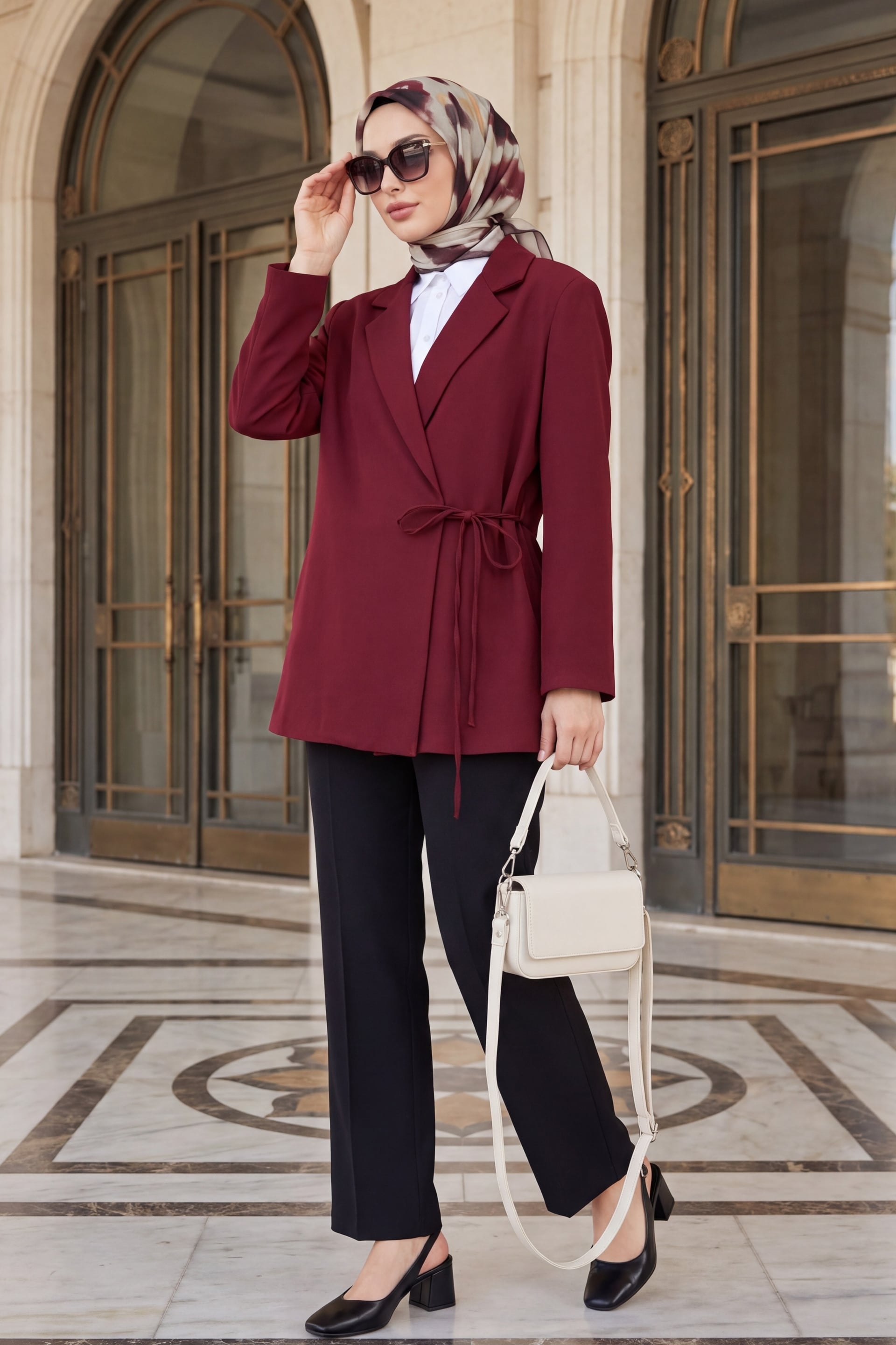Side Lace-Up Back Slit Lined Double Crepe Blazer - Burgundy - Podyumplus - by Peralane - photo 2