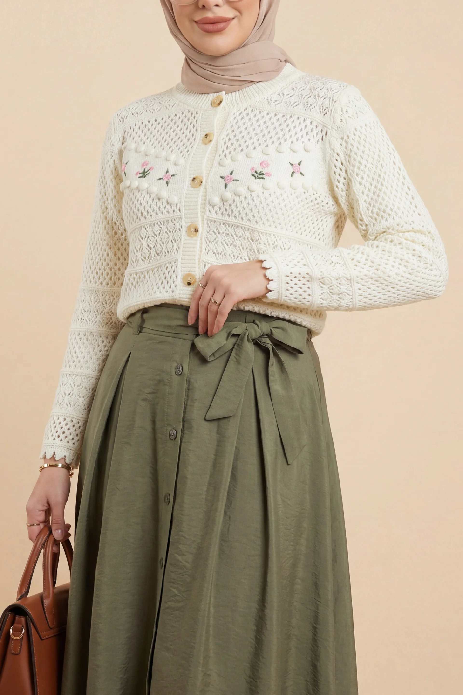 Cream Floral Embroidered Button Cardigan with Pom-Poms - Podyumplus - by Peralane - photo 2