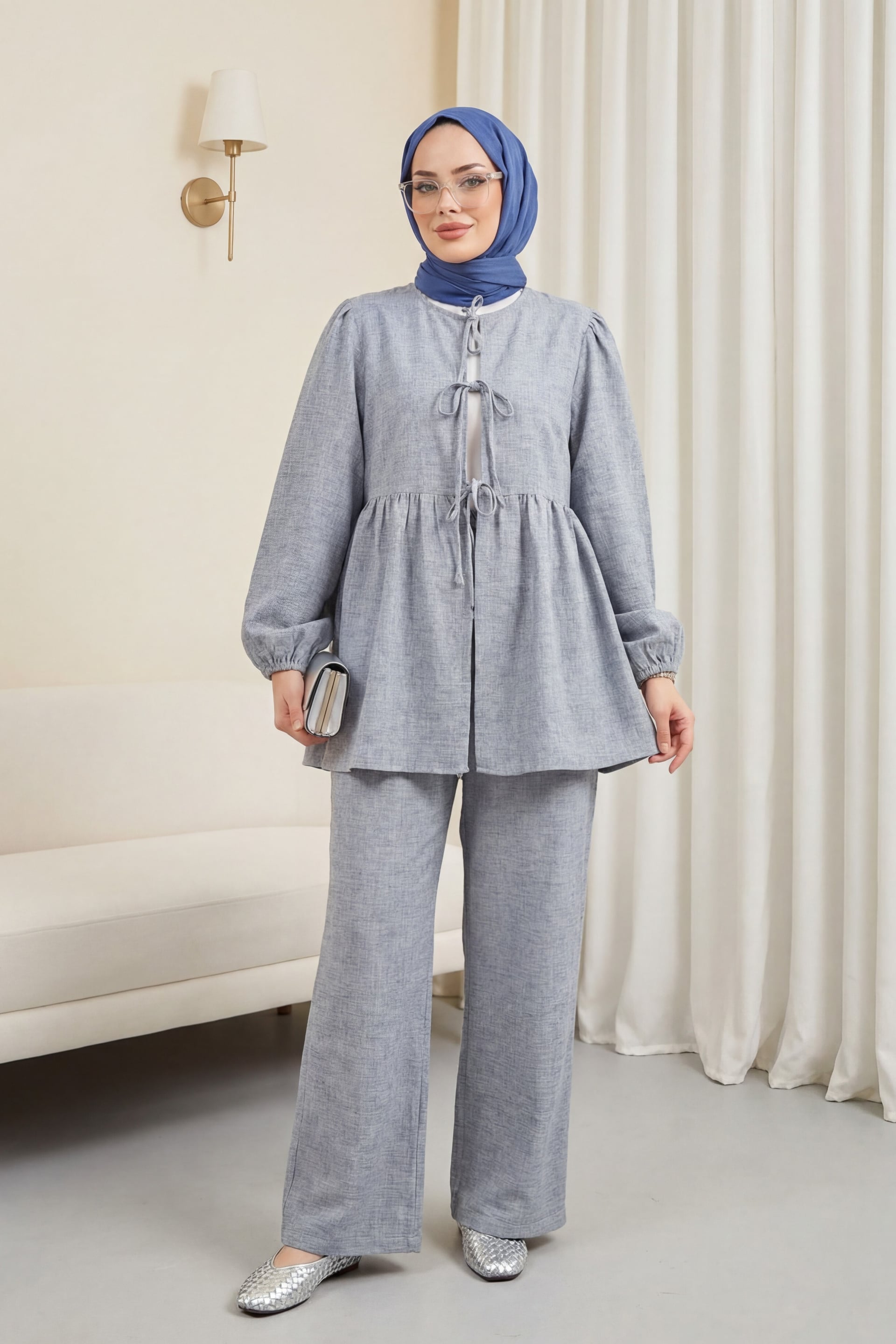 Tie-Front Two-Piece Set with Elastic Cuffs - Ice Blue - Podyumplus - by Peralane