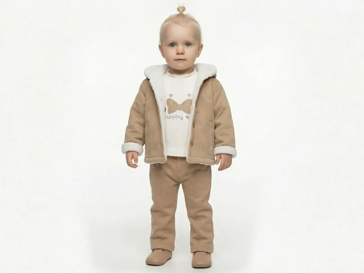 Knit Three-Piece Baby Girl Set with Sherpa-Lined Jacket, T-Shirt, and Trousers - Elci Baby - by Peralane