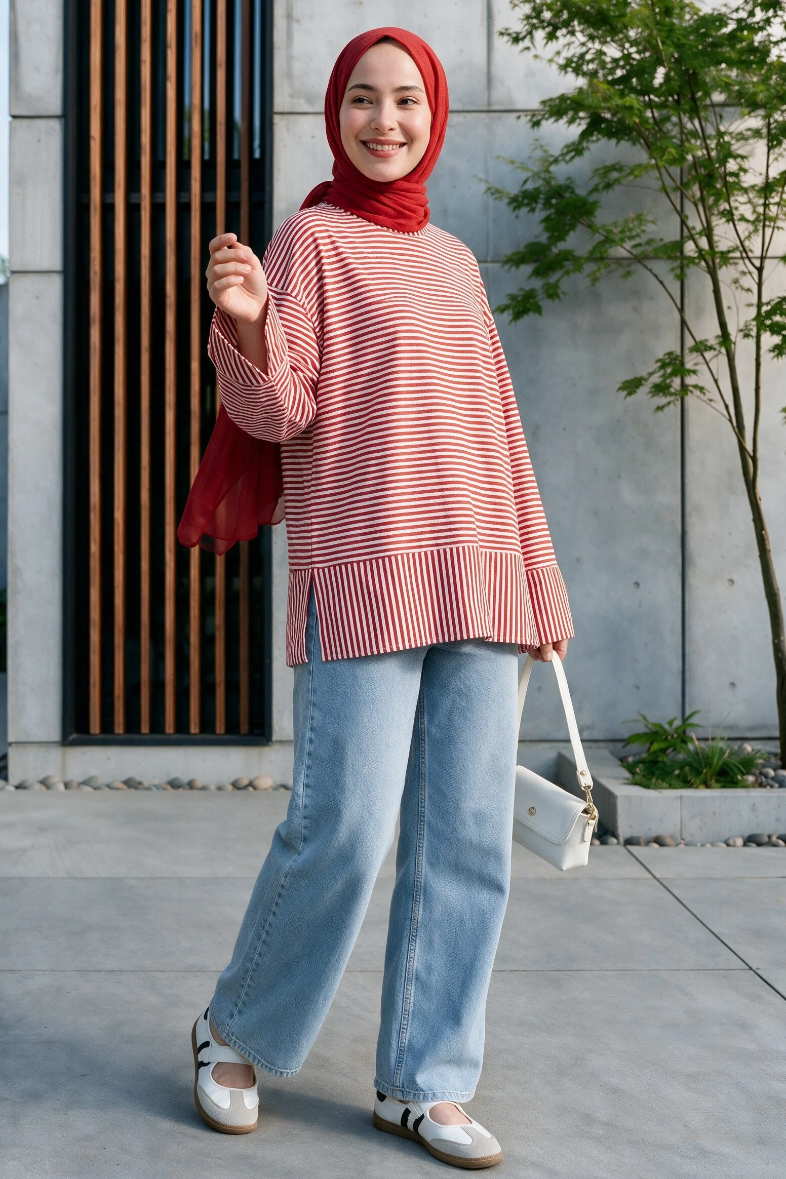 Red Striped Viscose Sweatshirt with Crew Neck and Side Slits - Podyumplus - by Peralane - photo 7