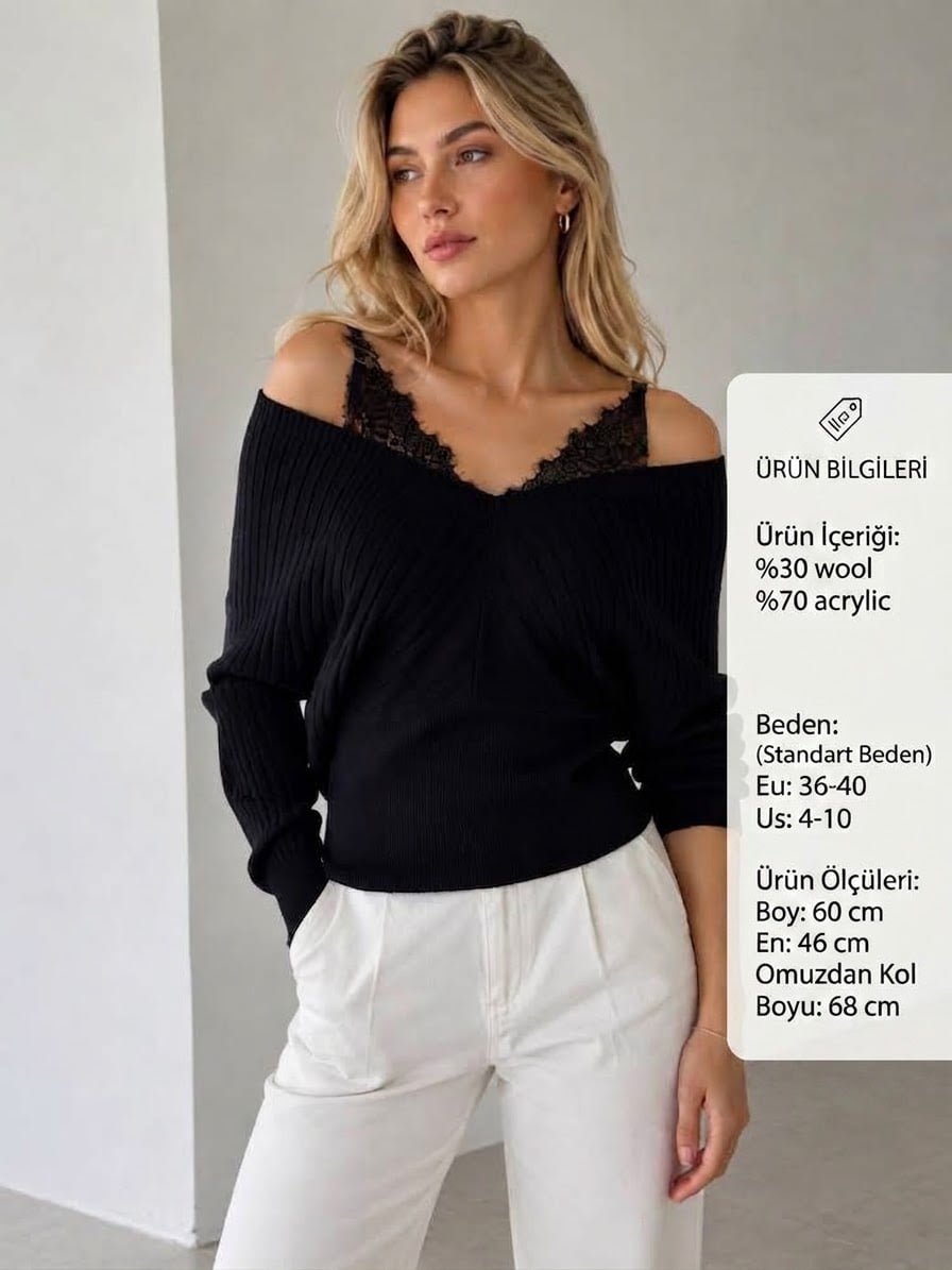 Black Off-Shoulder Ribbed Knit Sweater with Lace Trim for Women - My Bee - by Peralane - photo 5