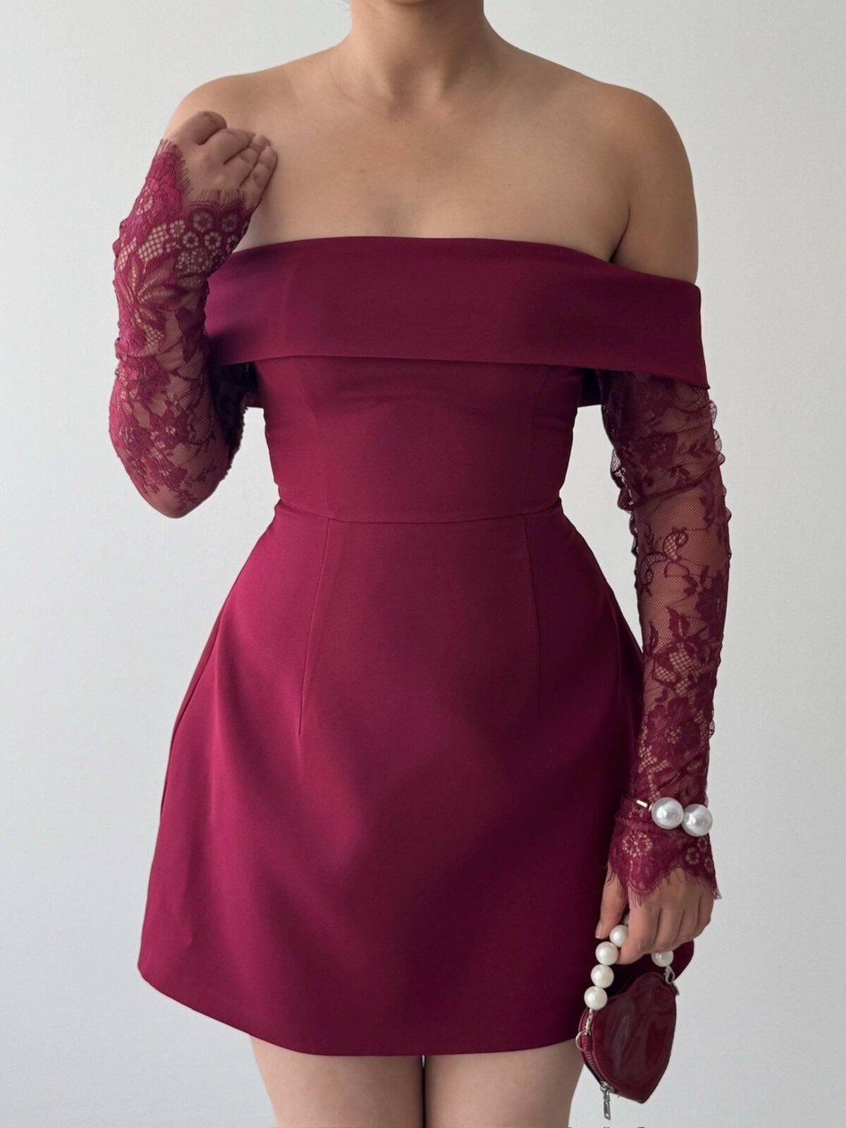 Burgundy Off-Shoulder Dress with Lace Sleeves - Women's Satin and Lace Formal Dress - Etika - by Peralane - photo 2