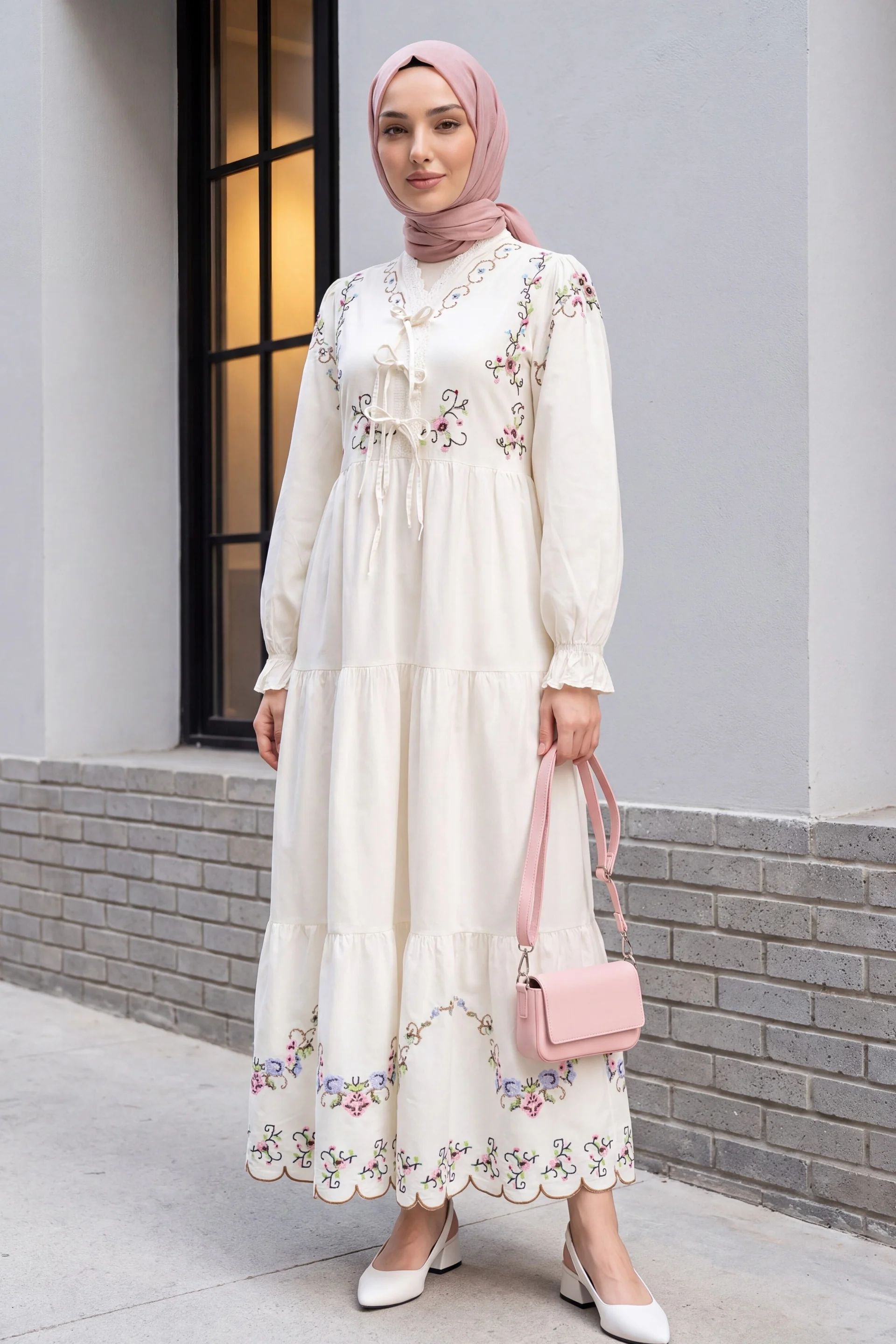 V-Neck Ruffled Embroidery Linen Dress - White - Podyumplus - by Peralane - photo 2
