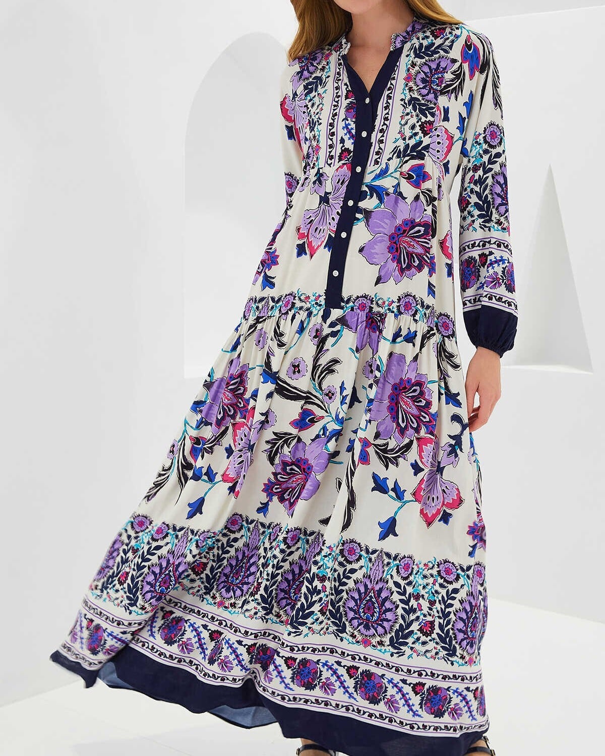 Women's Navy Blue Viscose Modest Floral Dress - Bigdart - by Peralane - photo 3
