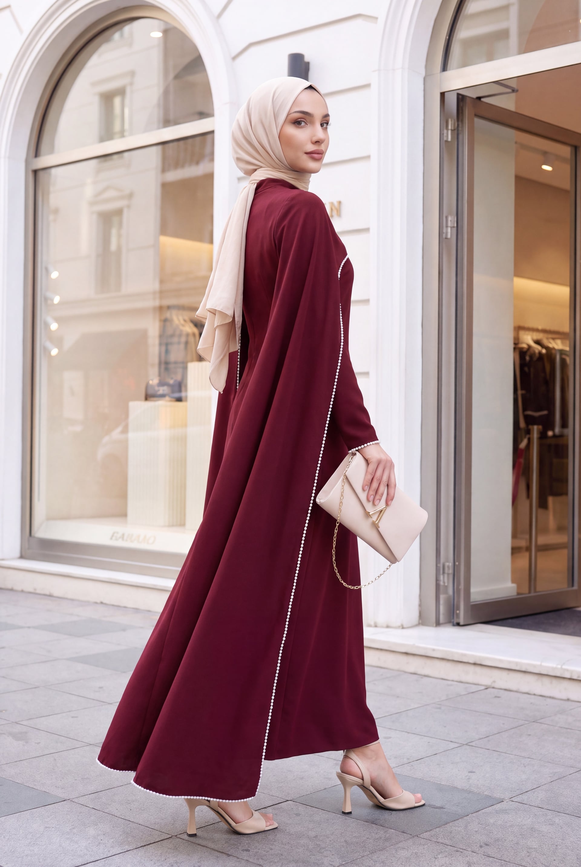 Burgundy Abaya Dress with Pearl Details and Detachable Cape - Podyumplus - by Peralane - photo 7
