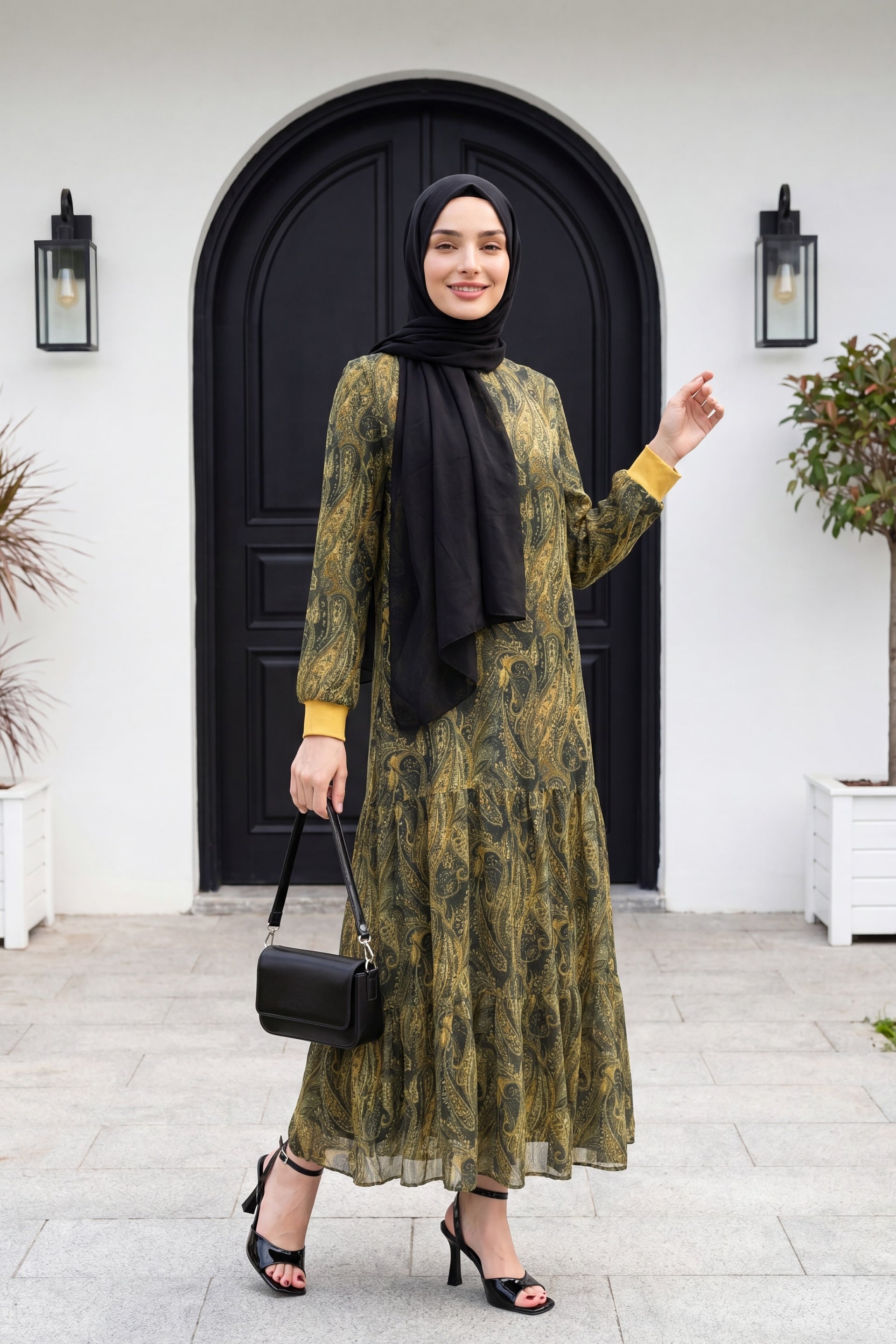 Ethnic Print Tiered Lined Chiffon Dress - Olive Green - Podyumplus - by Peralane - photo 3