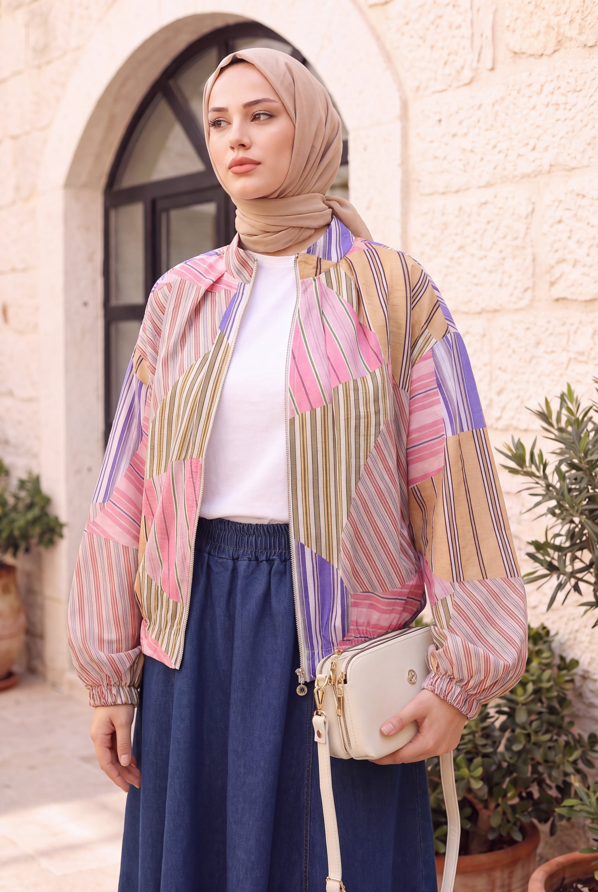 Elasticated Cuff and Waist Zip-Up Patterned Summer Jacket - Pink - Podyumplus - by Peralane - photo 5