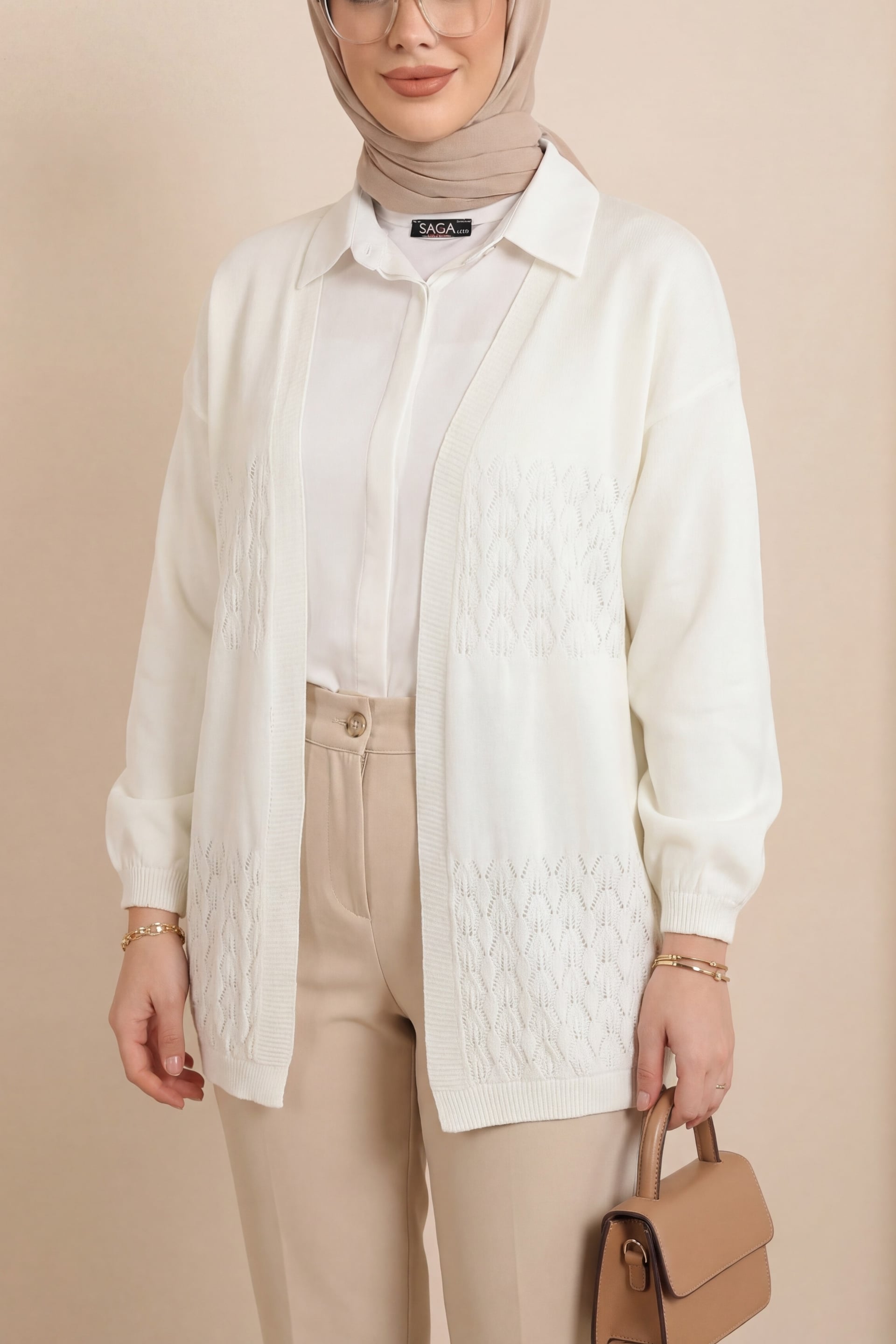 Araboy Openwork Knit Cardigan - Ecru - Podyumplus - by Peralane - photo 2