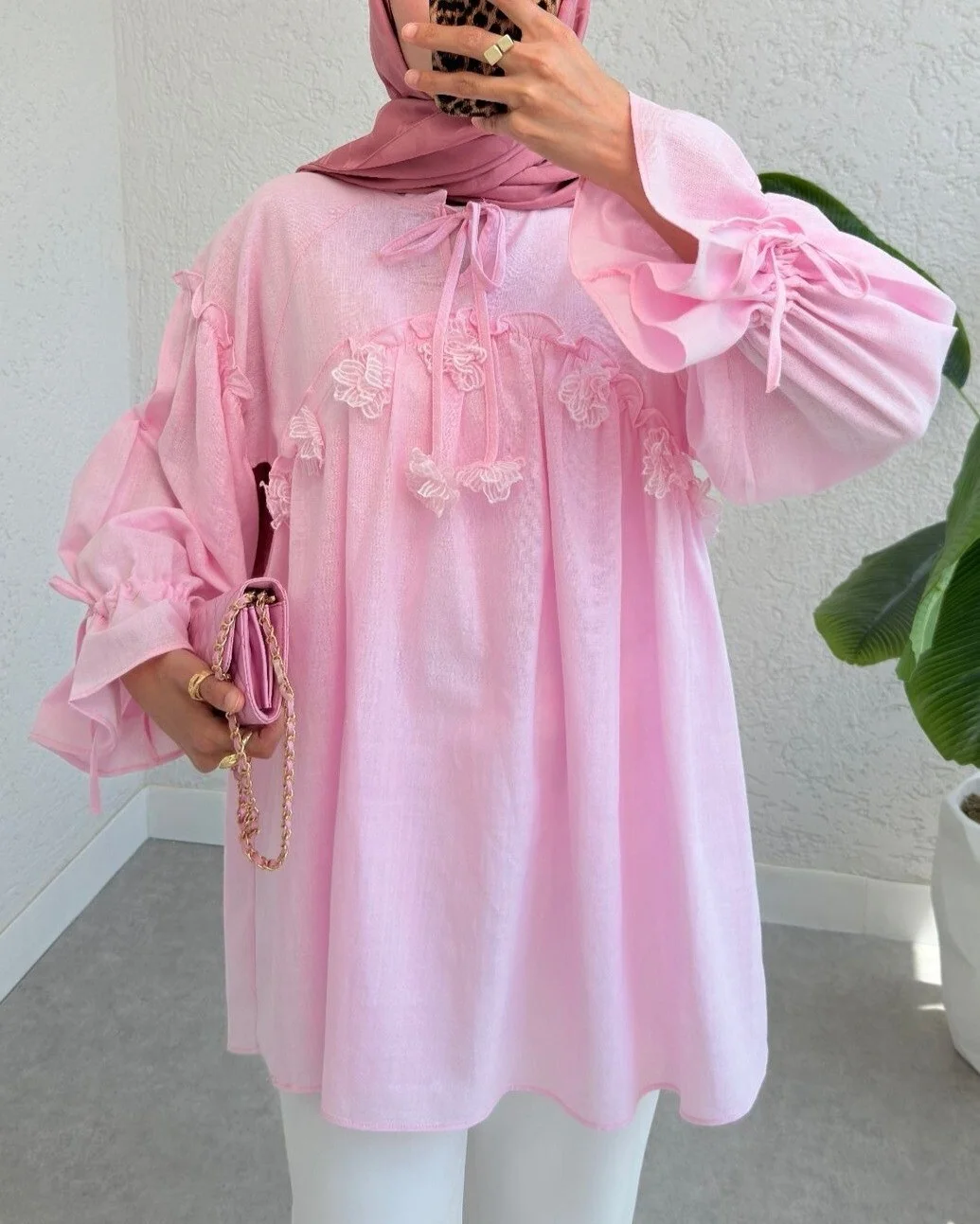 Pink Floral Applique Tie-Front Tunic with Lace Trim - Podyumplus - by Peralane - photo 2