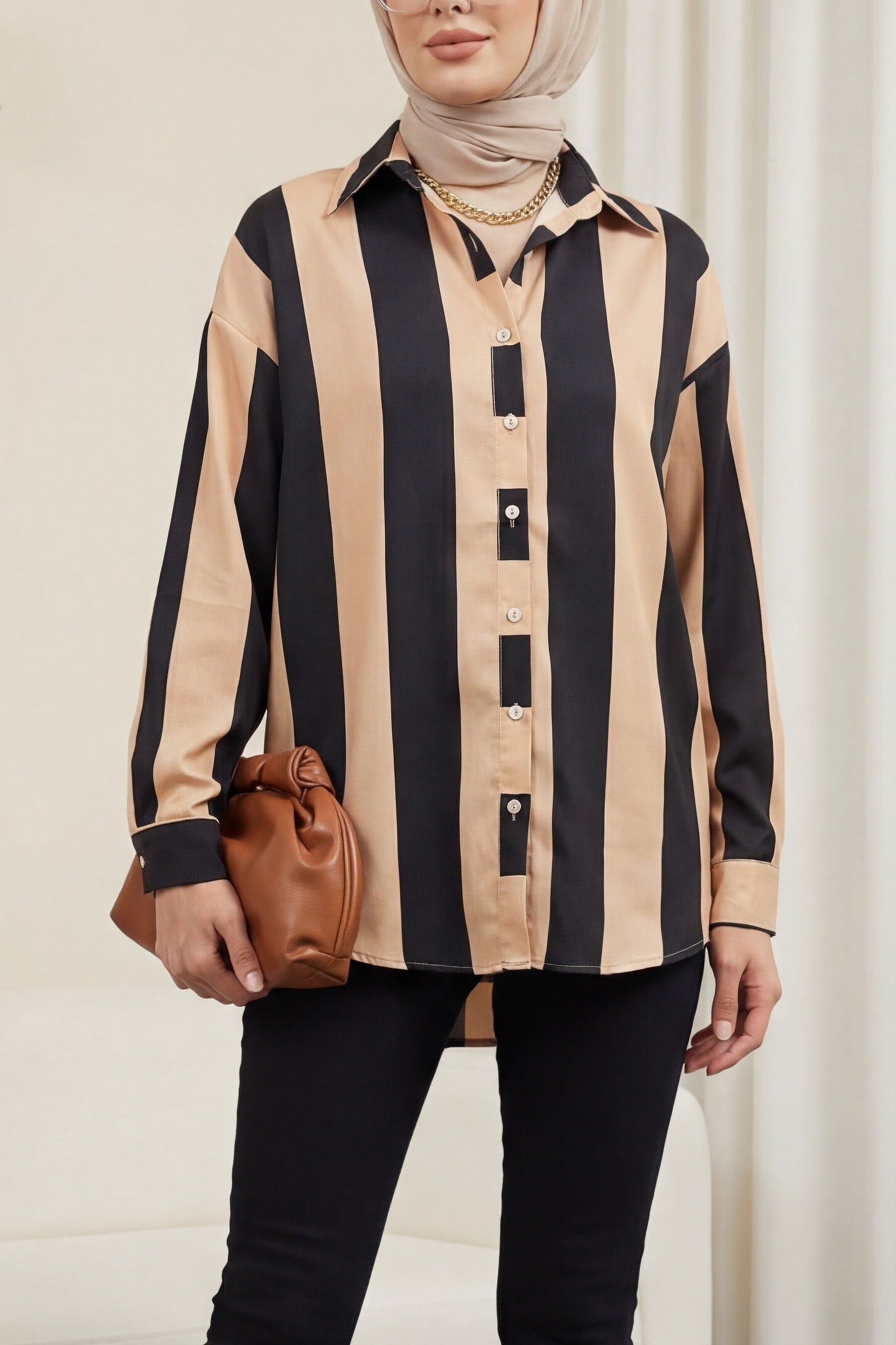 Women's Thick Stripe Button-Down Long-Sleeve Blouse in Beige - Podyumplus - by Peralane - photo 2