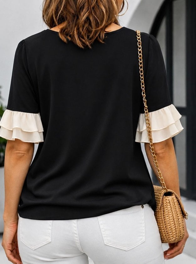 Women's Short Sleeve Bow Neck Trim Crepe Blouse - Janes - by Peralane - photo 2