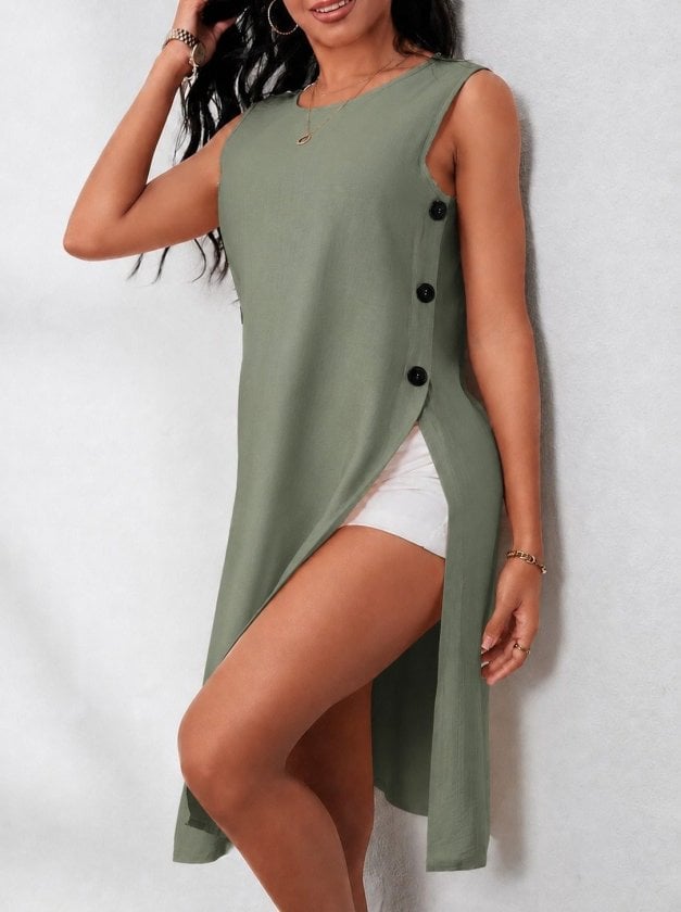 Women's Sleeveless Round Neck Side Button Short Tunic Dress - Janes - by Peralane