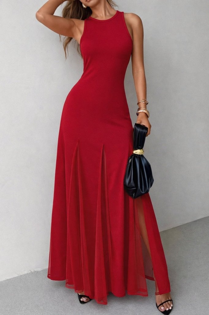 Women's Sleeveless High Neck Long Red Dress with Tulle Detail - Janes - by Peralane