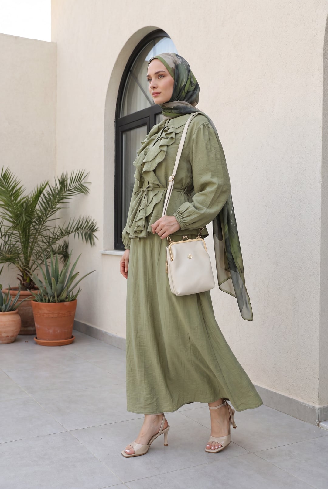 Ruffled Front Long Sleeve Tie Waist Blouse and A-Line Skirt Modest Set - Olive Green - Podyumplus - by Peralane - photo 5
