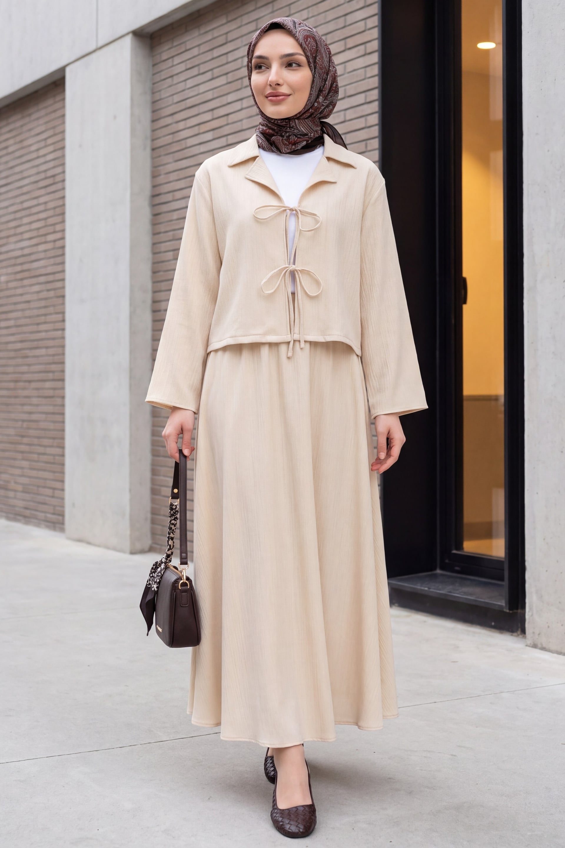 Front-Tie Crinkle Two-Piece Modest Set with Skirt - Beige - Podyumplus - by Peralane - photo 2