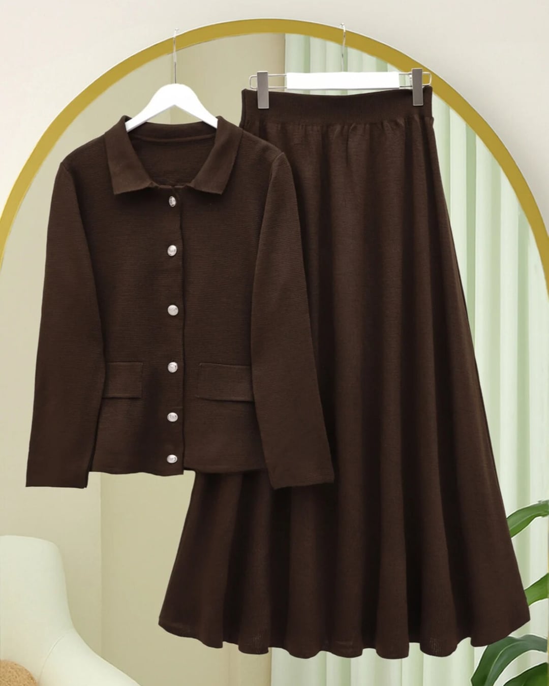 Button-Front Collared Knit Co-ord Set with Skirt - Brown - Podyumplus - by Peralane - photo 3