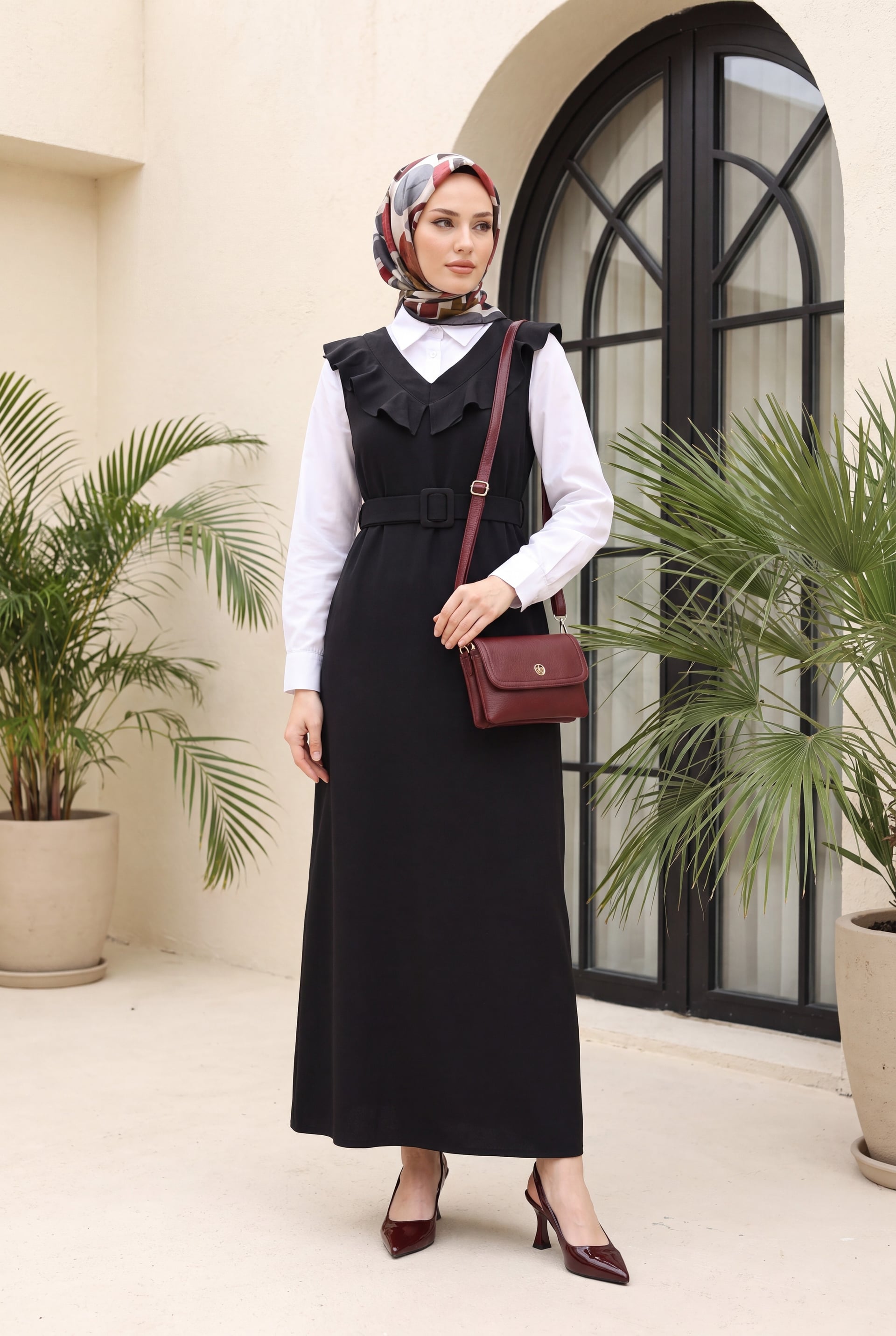 Black V-Neck Ruffle Trim Belted Midi Dress - Podyumplus - by Peralane - photo 4