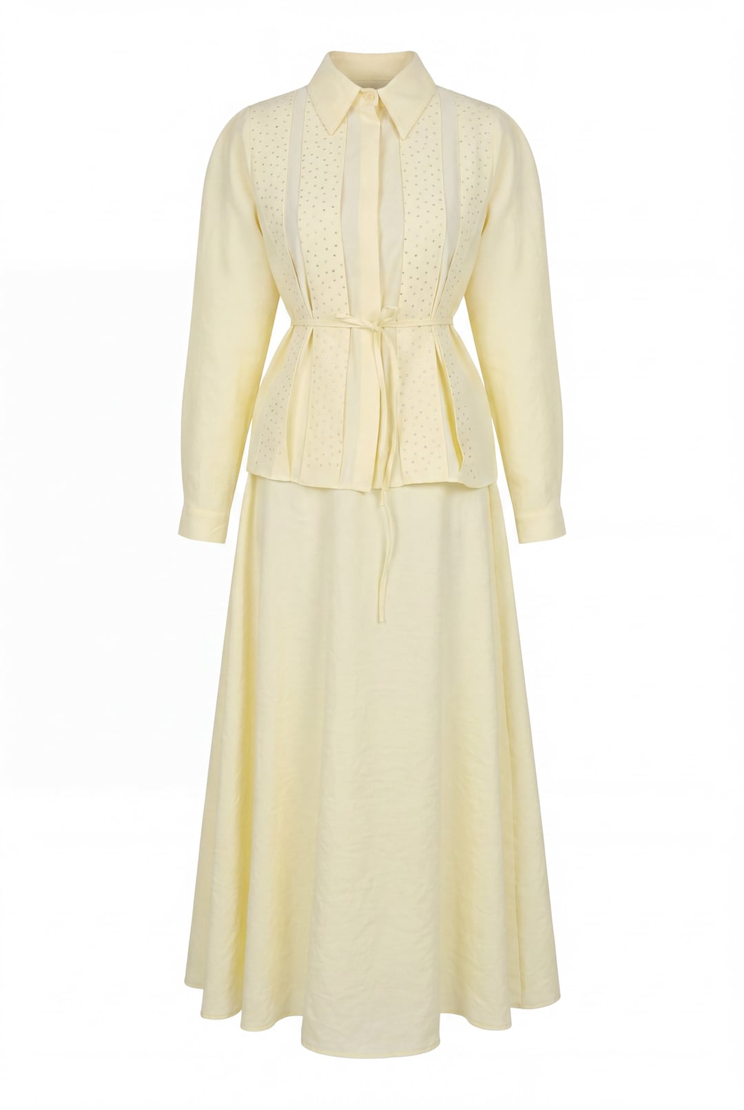 Pale Yellow Stone-Detailed Belted Polyviscose Two-Piece Modest Set - Podyumplus - by Peralane - photo 5
