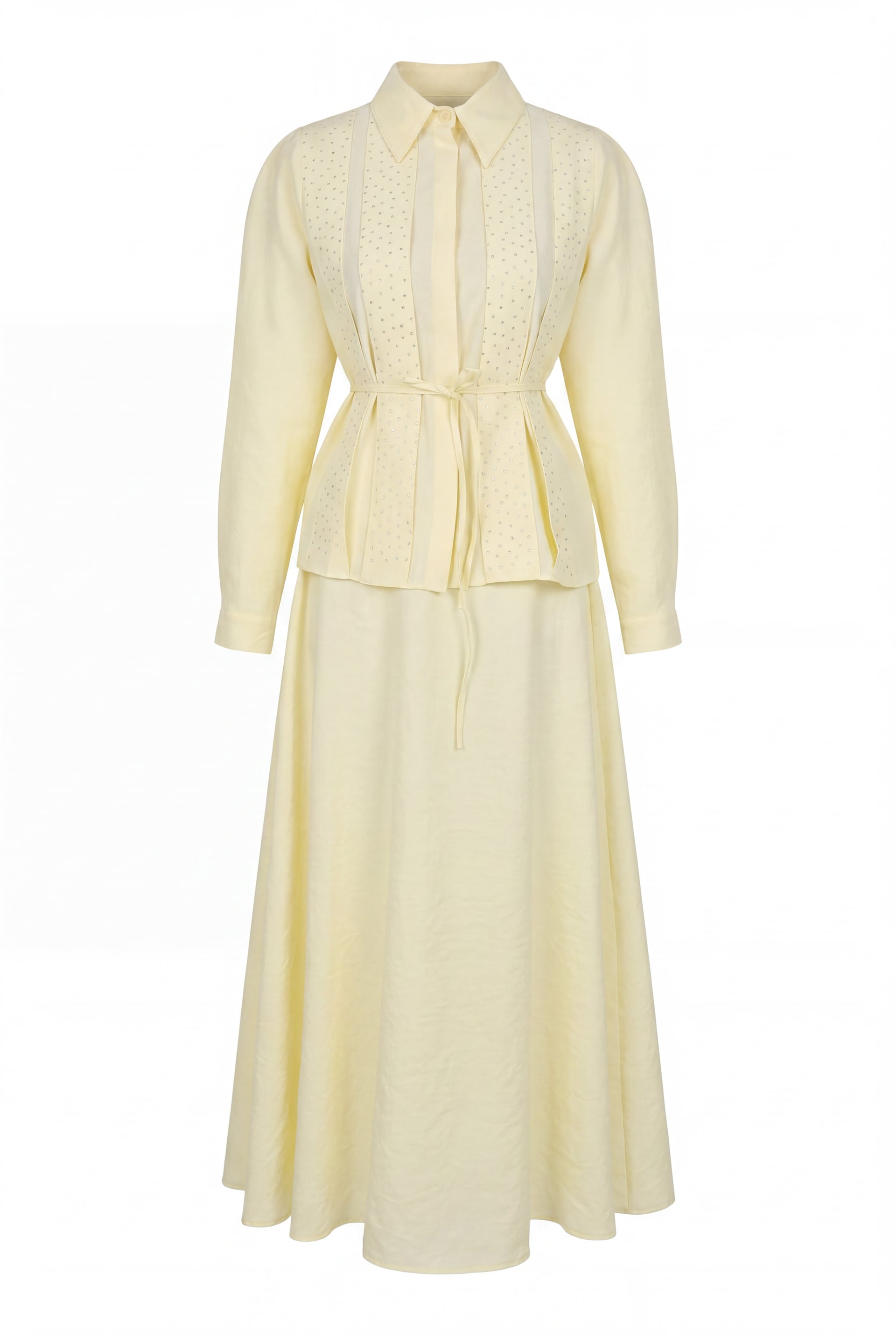 Pale Yellow Stone-Detailed Belted Polyviscose Two-Piece Modest Set - Podyumplus - by Peralane - photo 5