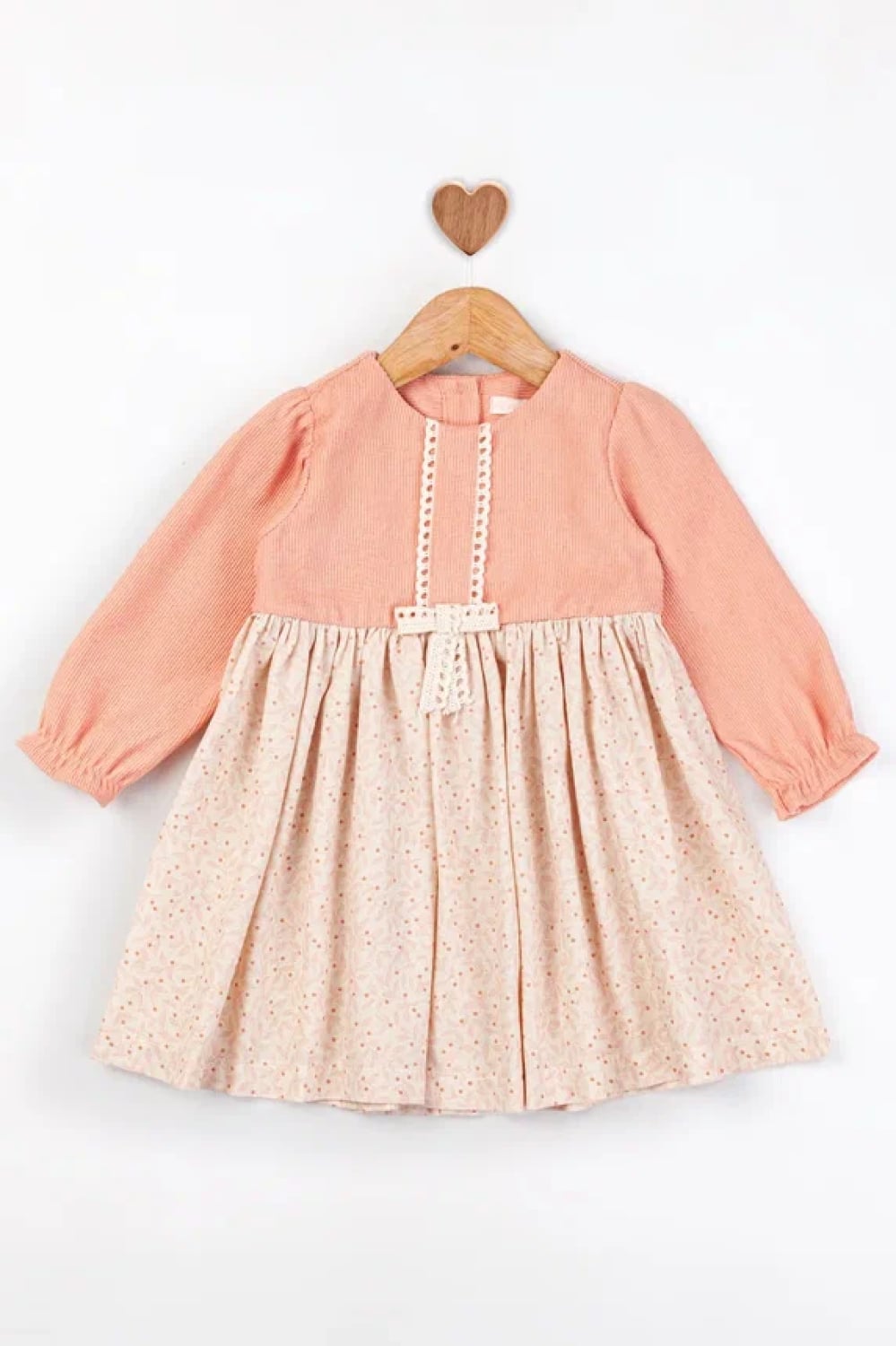 Baby Girl Long-Sleeve Floral Dress with Ribbed Top - Coral and Cream - Babyrose - by Peralane