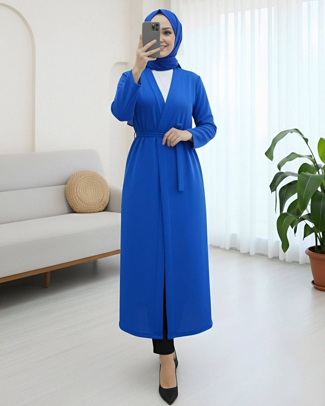 Women's Double-Belted Long Trench Coat in Royal Blue - Podyumplus - by Peralane - photo 4