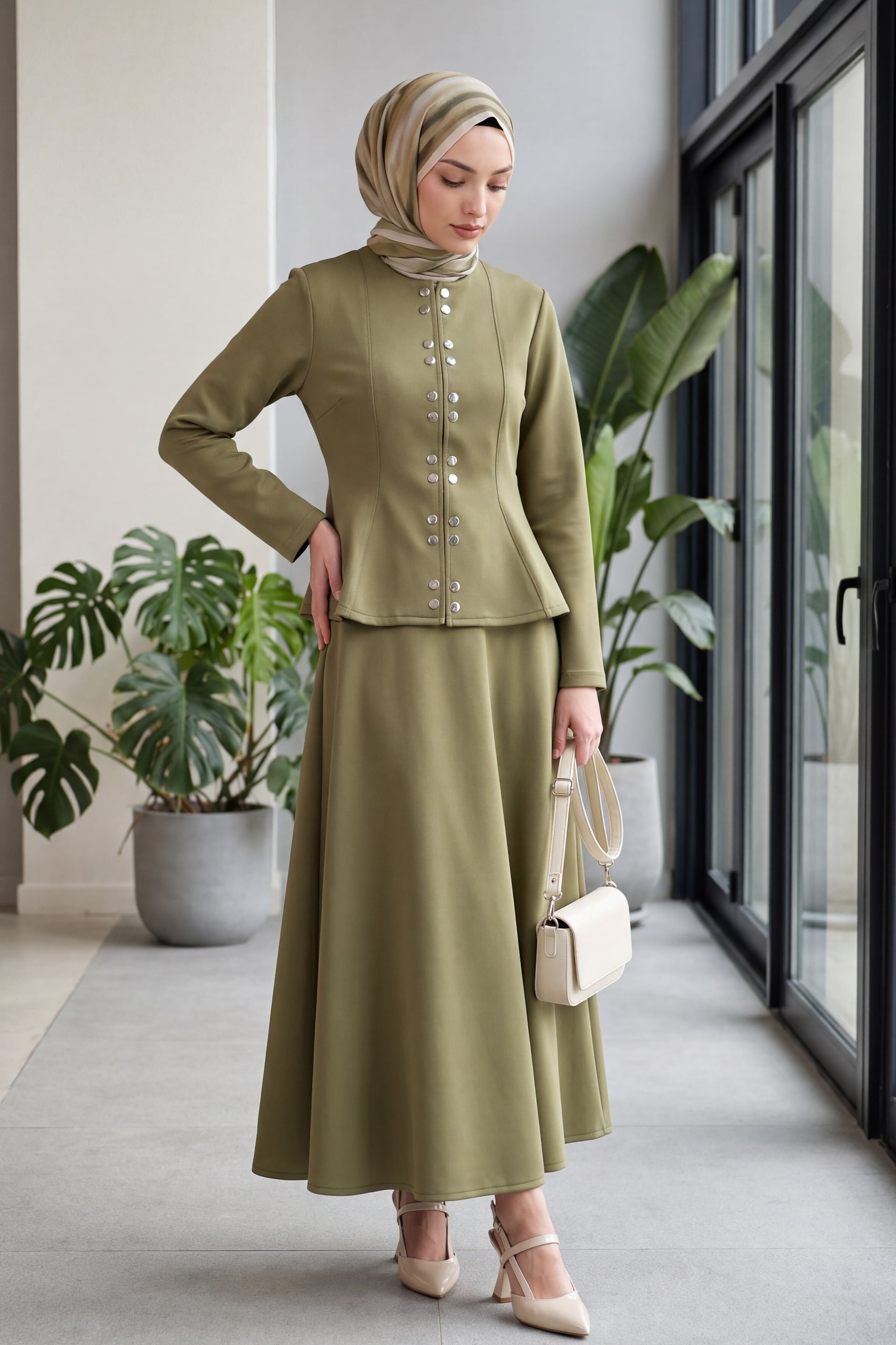 Women's Scuba Two-Piece Set with Peplum Jacket and Flared Skirt in Olive Green - Podyumplus - by Peralane - photo 5