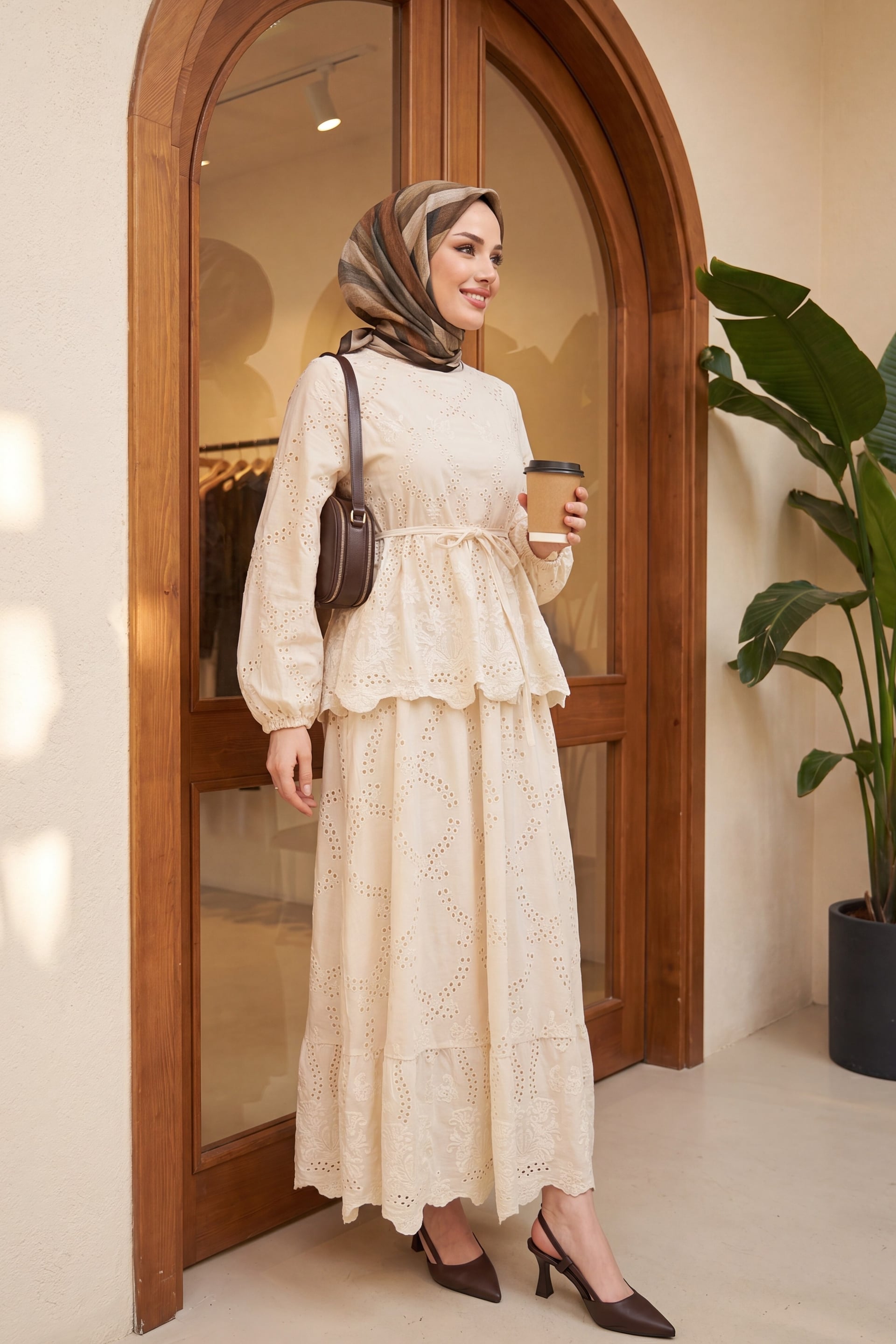 Elastic Sleeve Belted Eyelet Lined Linen-Look Two-Piece Set - Beige - Podyumplus - by Peralane - photo 5