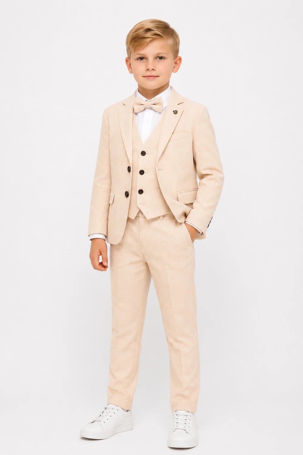 Boys' Beige Linen Suit Set with Jacket, Waistcoat and Trousers - Terry - by Peralane