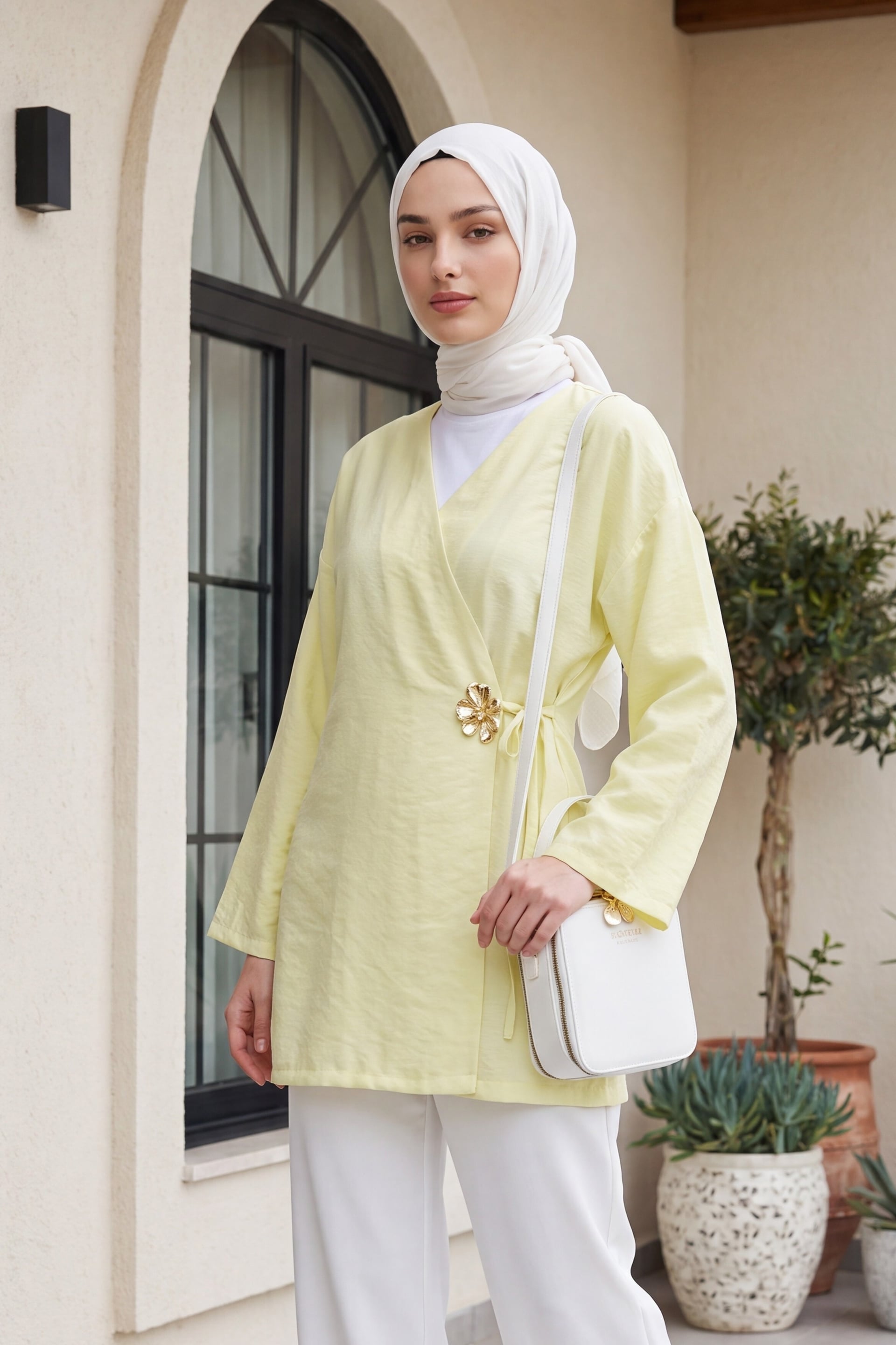 Side Wrap Tie Belt Modal Tunic - Yellow - Podyumplus - by Peralane - photo 2