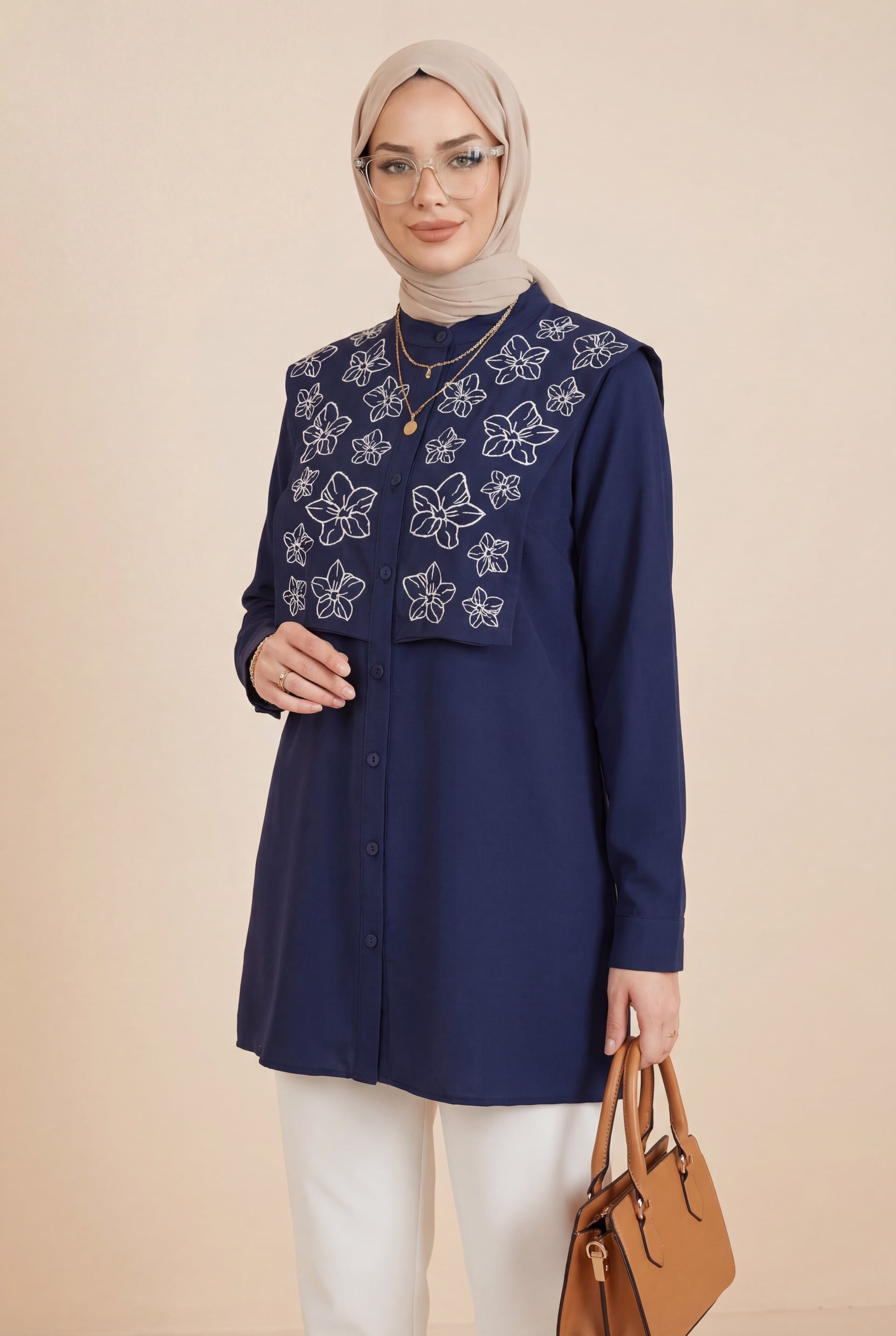 Navy Blue Plastron Detail Embroidered Poplin Blouse - Podyumplus - by Peralane - photo 4