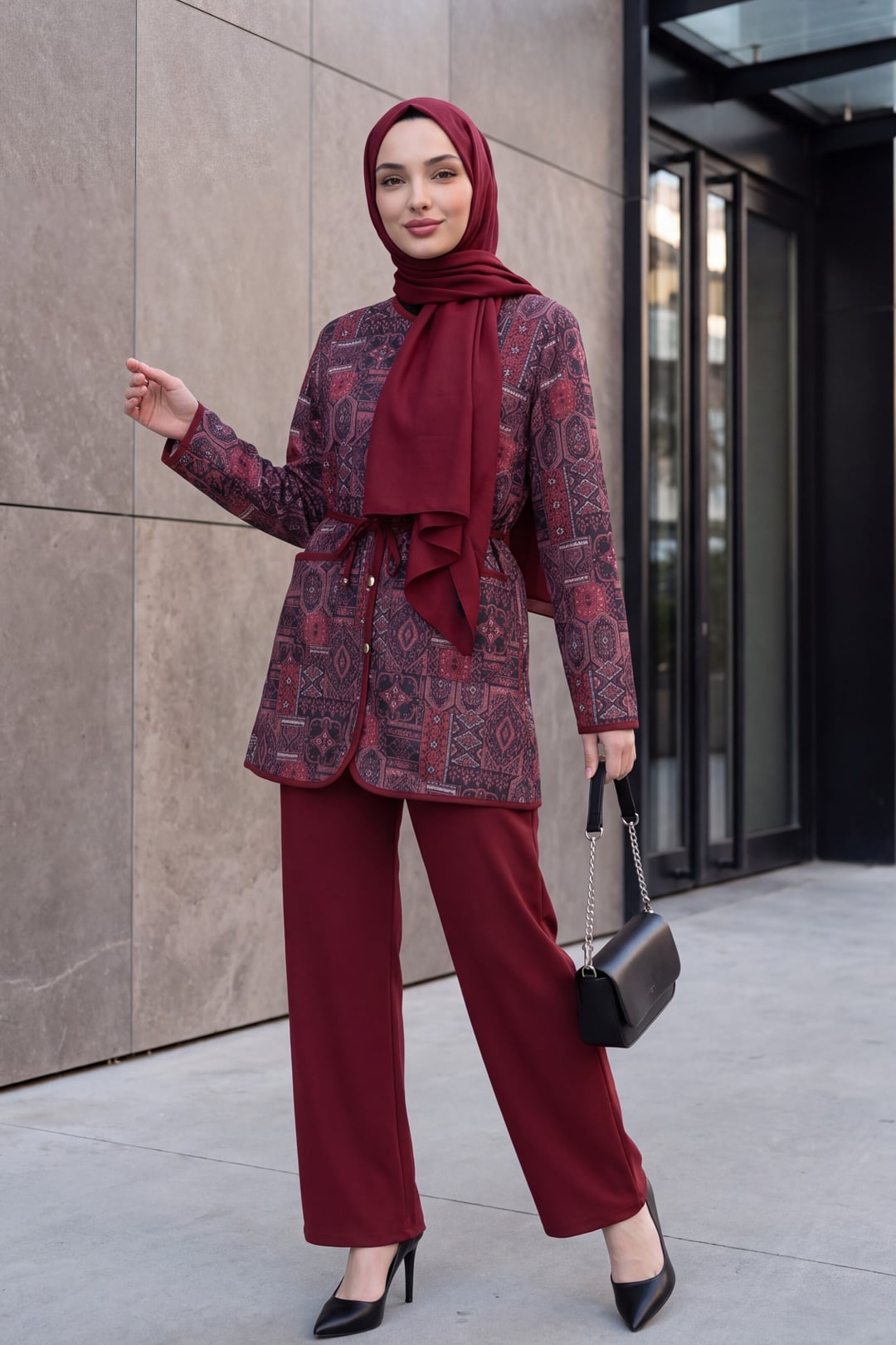 Burgundy Patterned Two-Piece Jacket and Trousers Set with Belt - Podyumplus - by Peralane - photo 3