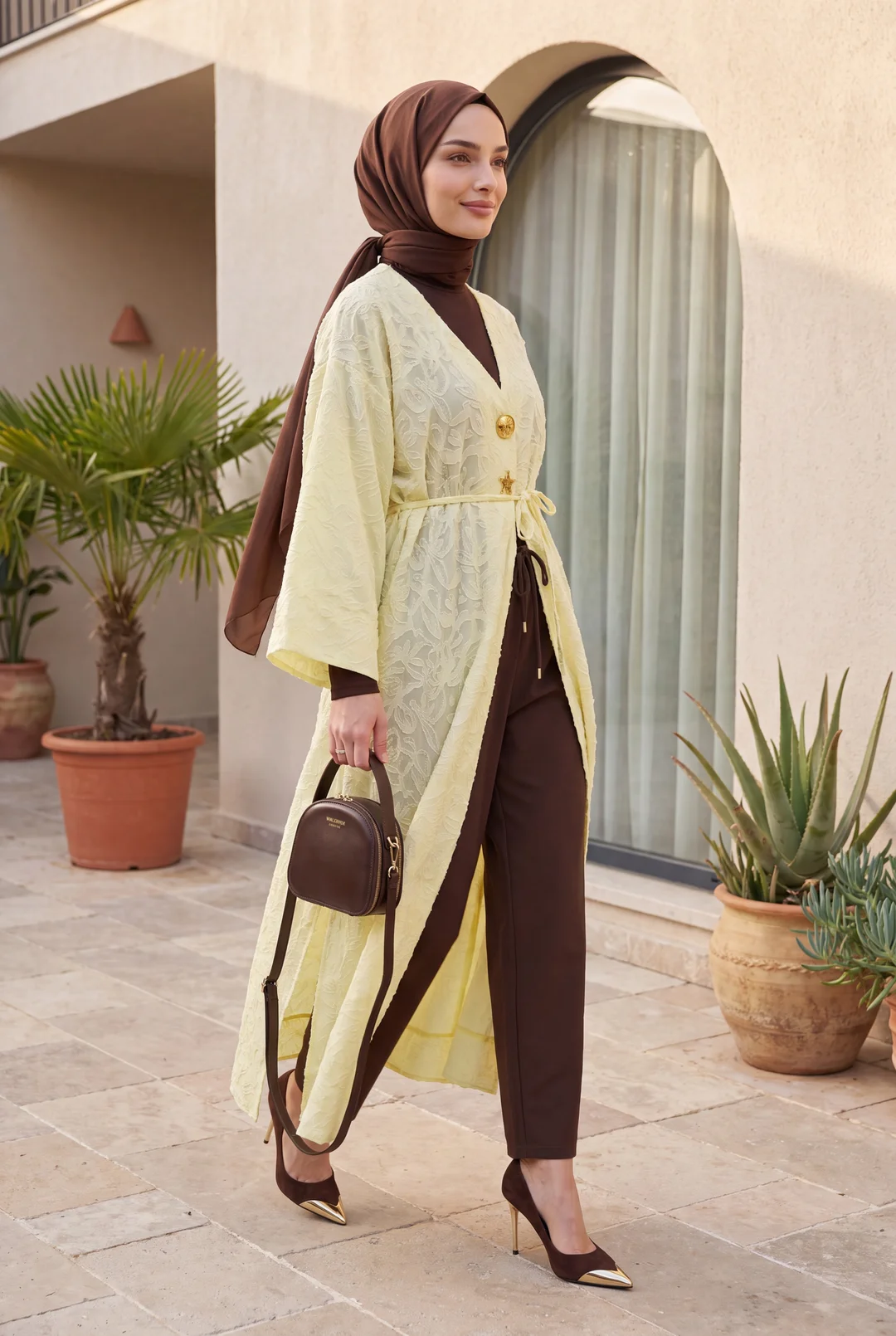 Wide Sleeve Tie-Waist Brooch Jacquard Long Kimono - Yellow - Podyumplus - by Peralane