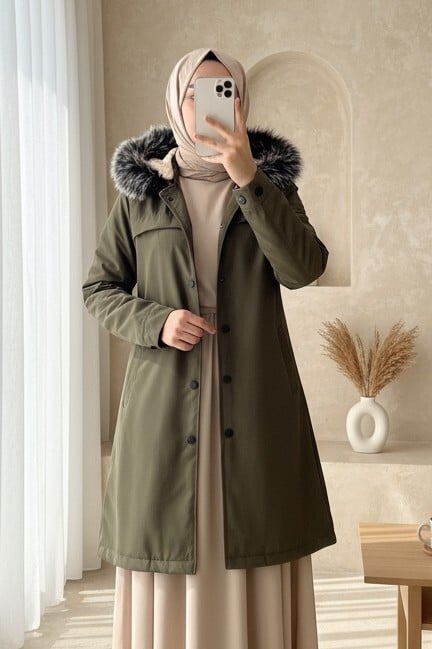 Snap-Front Hooded Short Coat with Pockets - Camouflage - Podyumplus - by Peralane