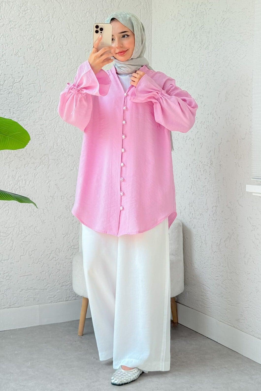 Pink Long-Sleeved Tunic with Tie Cuffs and Button Front - Podyumplus - by Peralane - photo 4