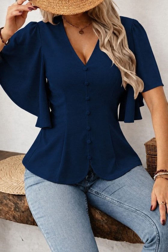 Women's Short-Sleeve Button-Front Crepe Blouse - Navy - Janes - by Peralane - photo 3