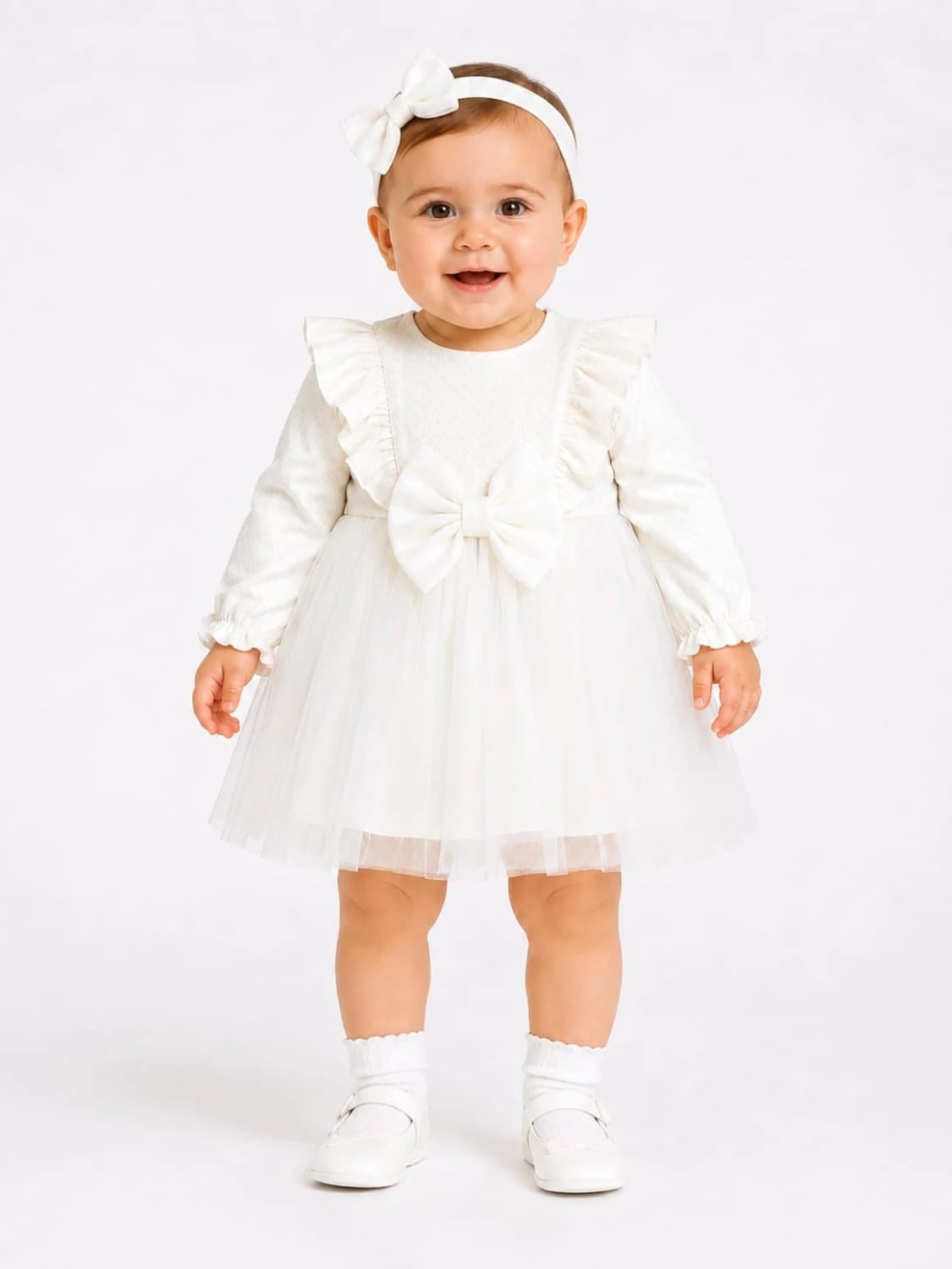 Ruffled Baby Dress with Tulle Skirt and Headband - Ivory - Serkon Baby - by Peralane
