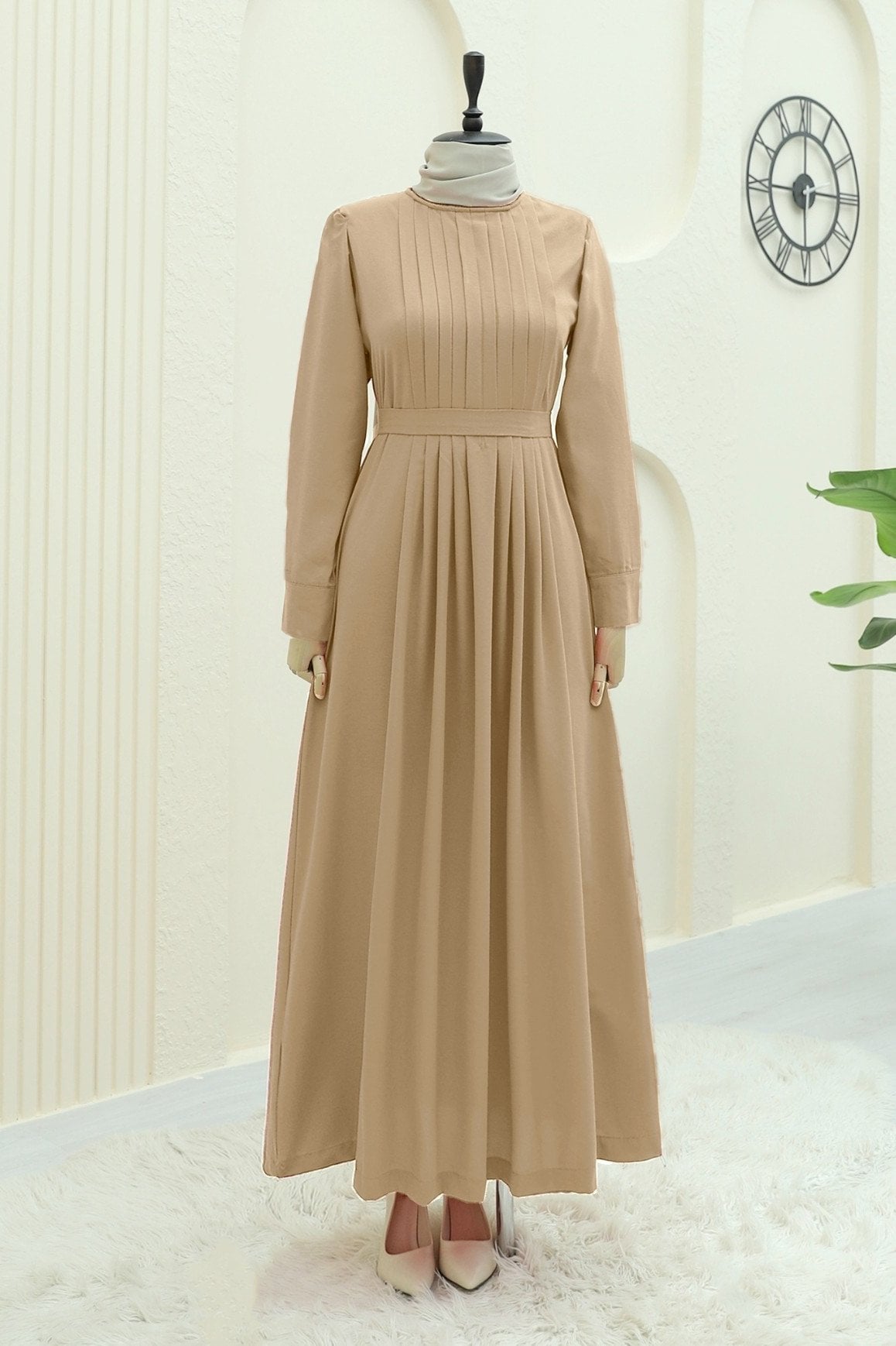 Pleated Round Neck Belted Long Dress - Camel - Podyumplus - by Peralane