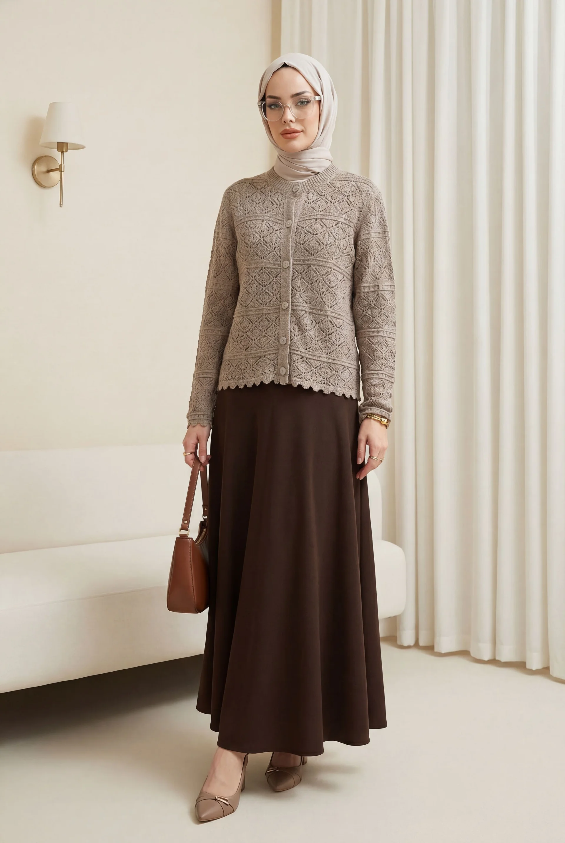 Buttoned Patterned Openwork Knit Cardigan - Light Brown - Podyumplus - by Peralane - photo 2