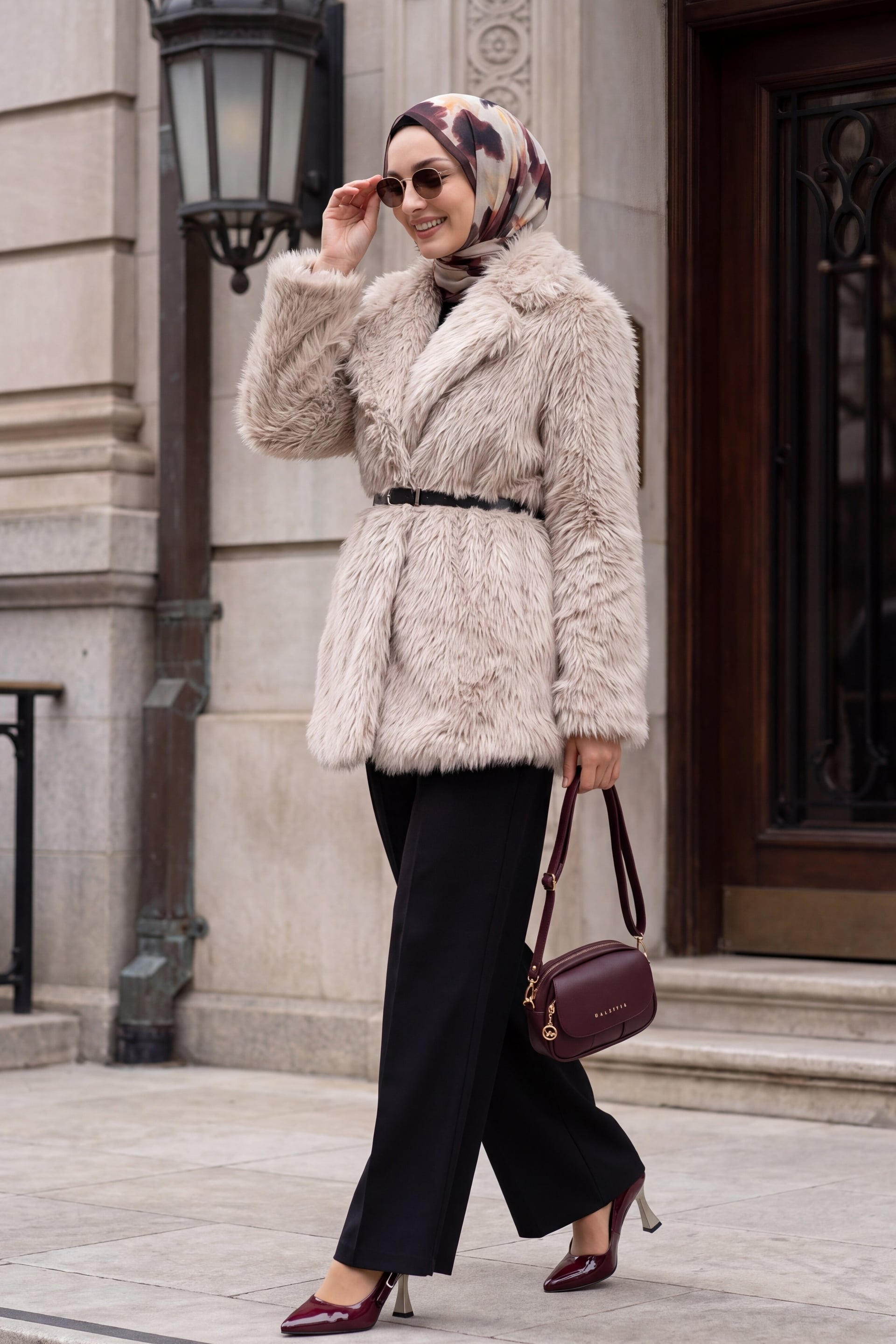 Cream Faux Fur Lapel Collar Coat with Belt - Bigdart - by Peralane - photo 4