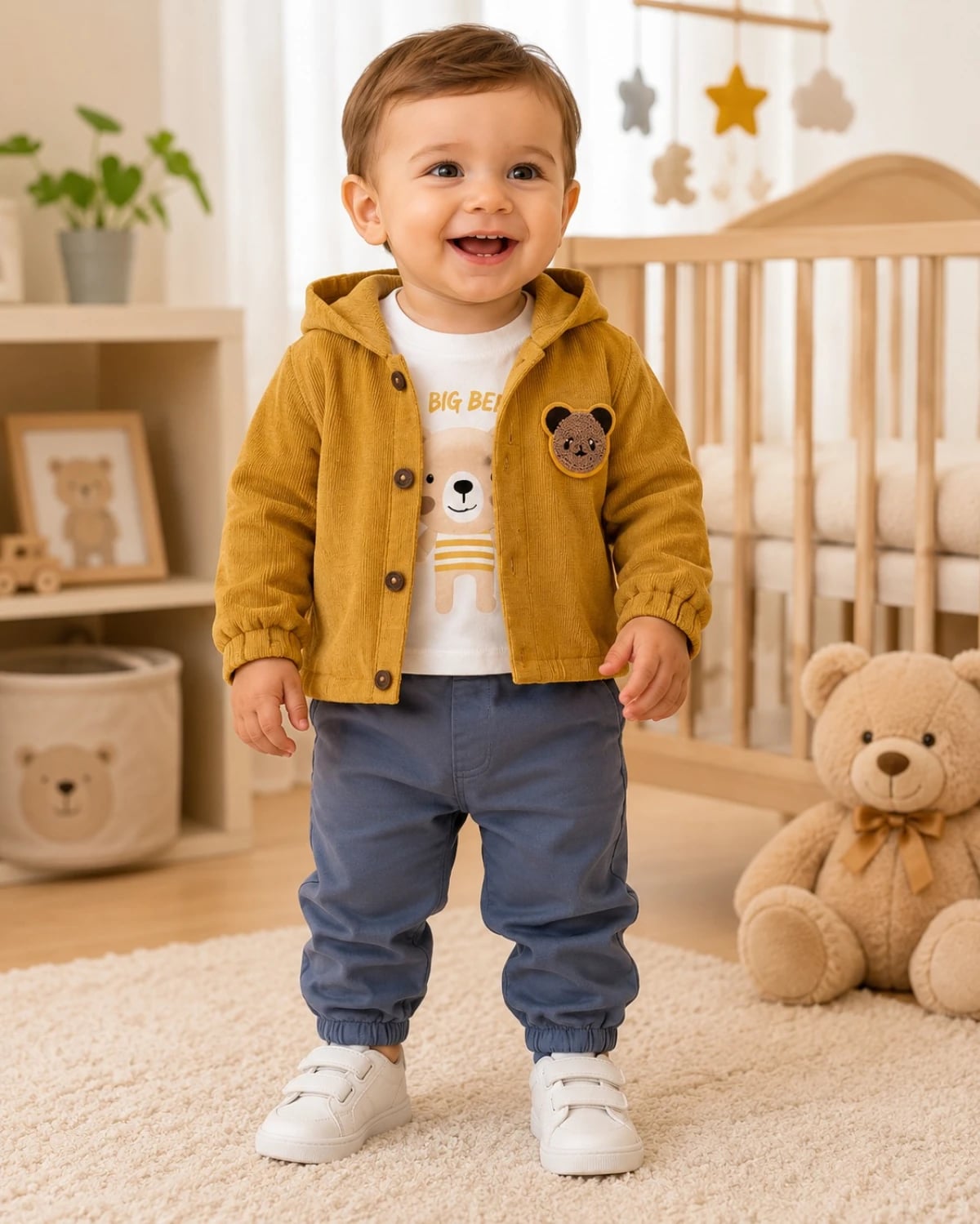 Three-Piece Baby Boy Outfit Set with Hooded Cardigan, T-Shirt and Trousers - Has Bereket - by Peralane