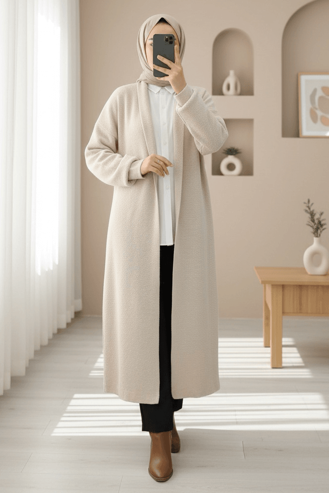 Collar Long Loose Cardigan - Ecru - Podyumplus - by Peralane