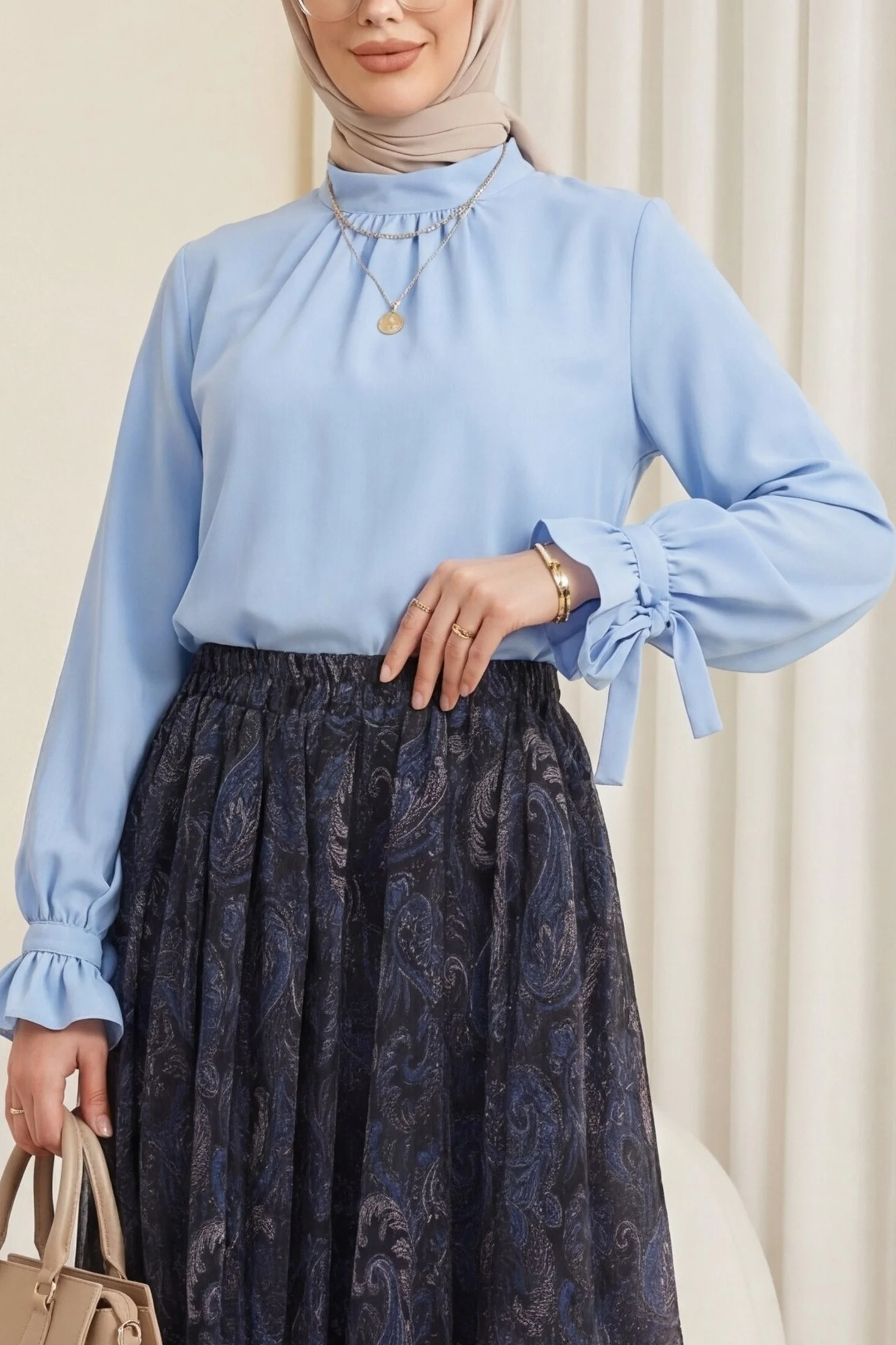High Neck Ruffled Sleeve Lace-Up Crepe Blouse - Baby Blue - Podyumplus - by Peralane - photo 2