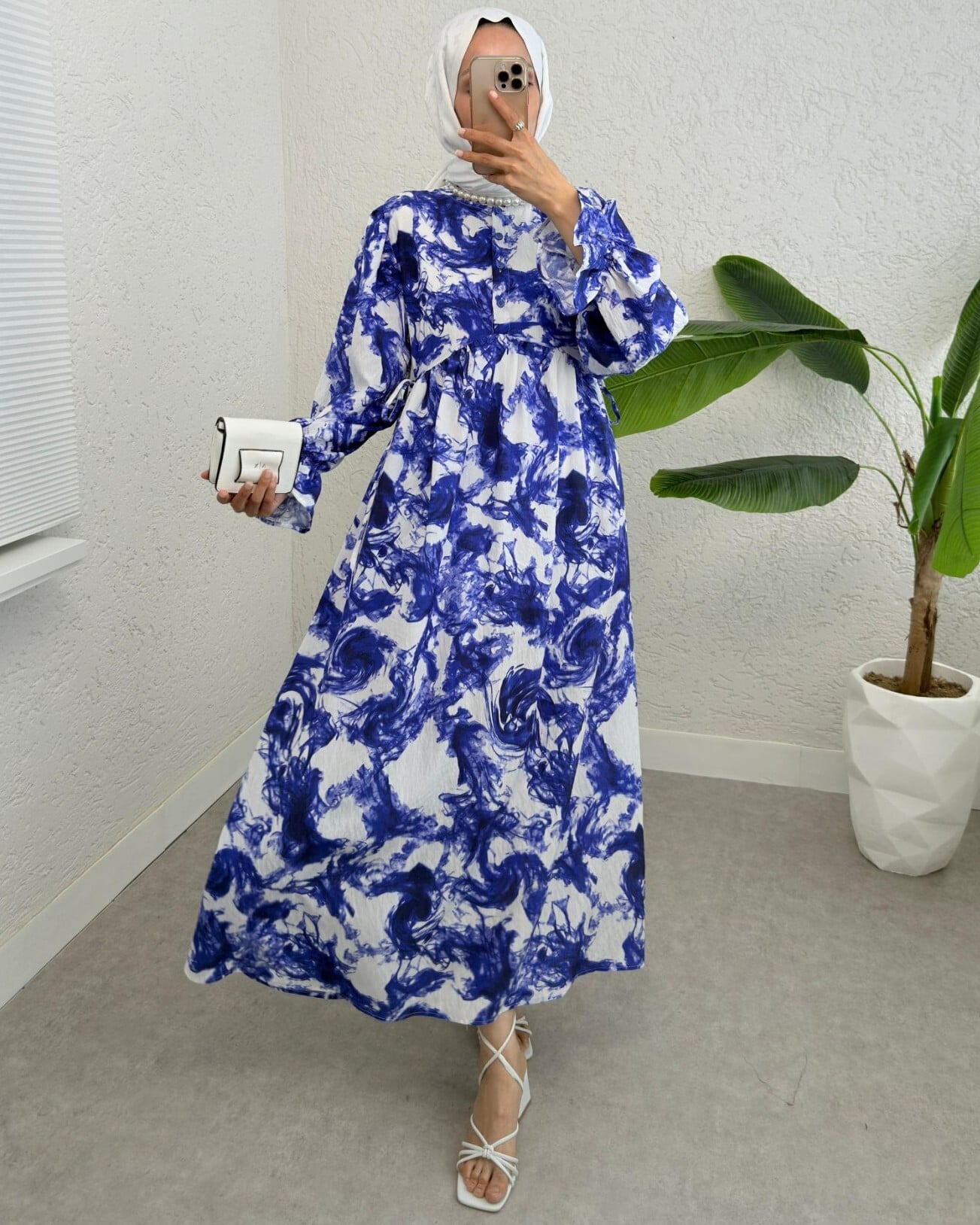 Half Button Belted Patterned Modest Dress - Saks - Podyumplus - by Peralane - photo 2