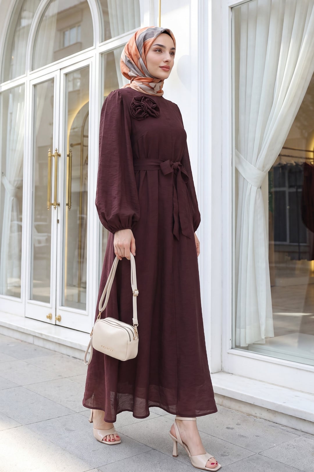 Brooch Detail Belted Lined Balloon Sleeve Tulle Voile Dress - Plum - Podyumplus - by Peralane - photo 4