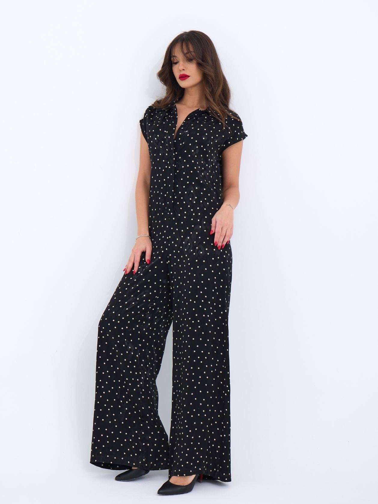 Black Polka Dot Jumpsuit with Collar and Wide Legs - Fame - by Peralane - photo 5