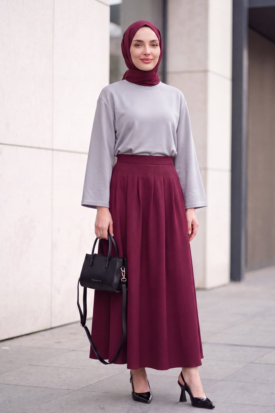 Zippered Pleated Crepe Skirt with Pockets - Burgundy - Podyumplus - by Peralane - photo 5