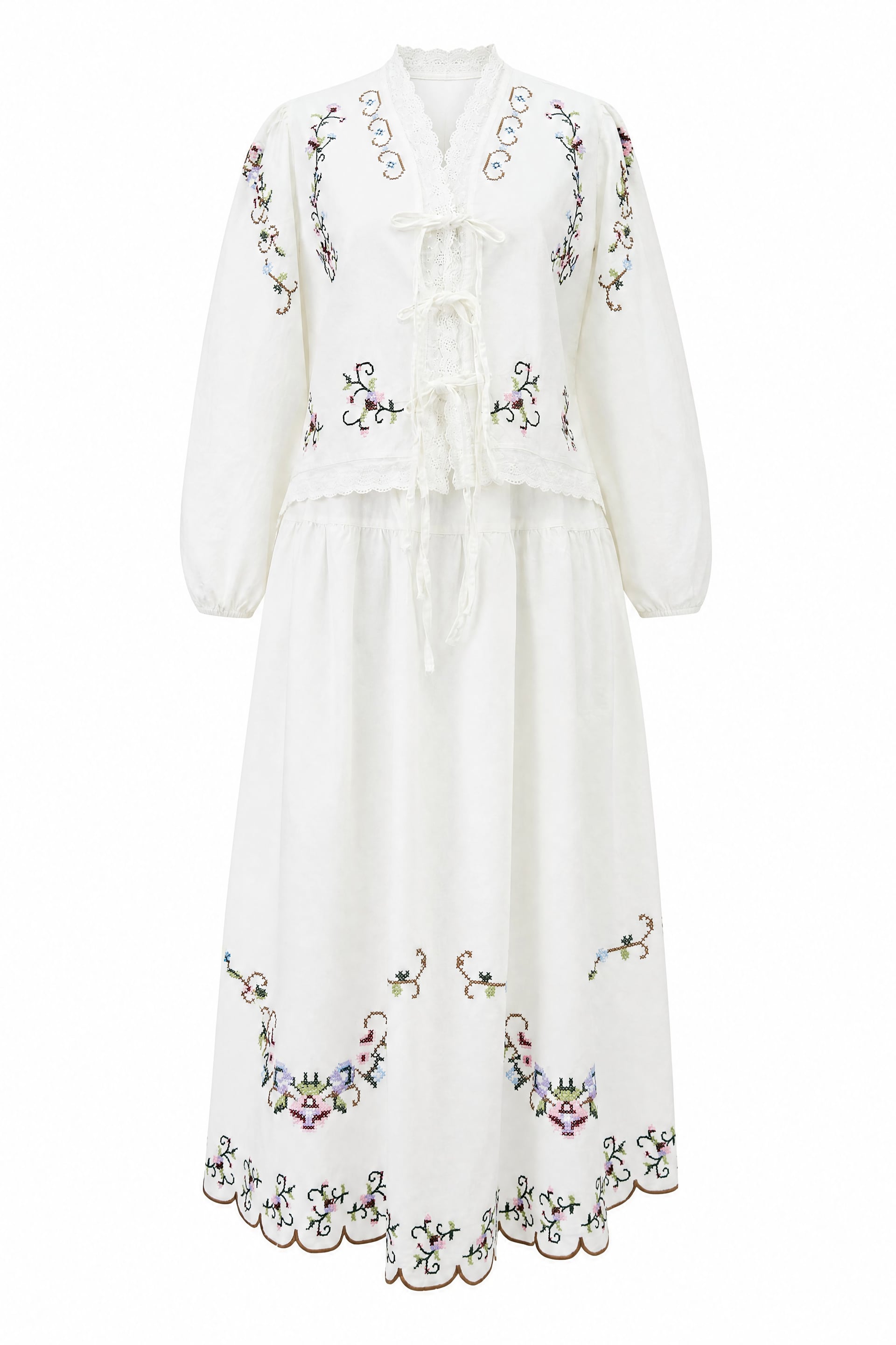 White Linen Kimono Set with Cross-Stitch Embroidery and Tiered Skirt - Podyumplus - by Peralane - photo 8